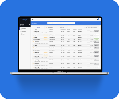 A web-based dashboard for a food sourcing platform, showing a detailed spreadsheet for managing the local food economy.