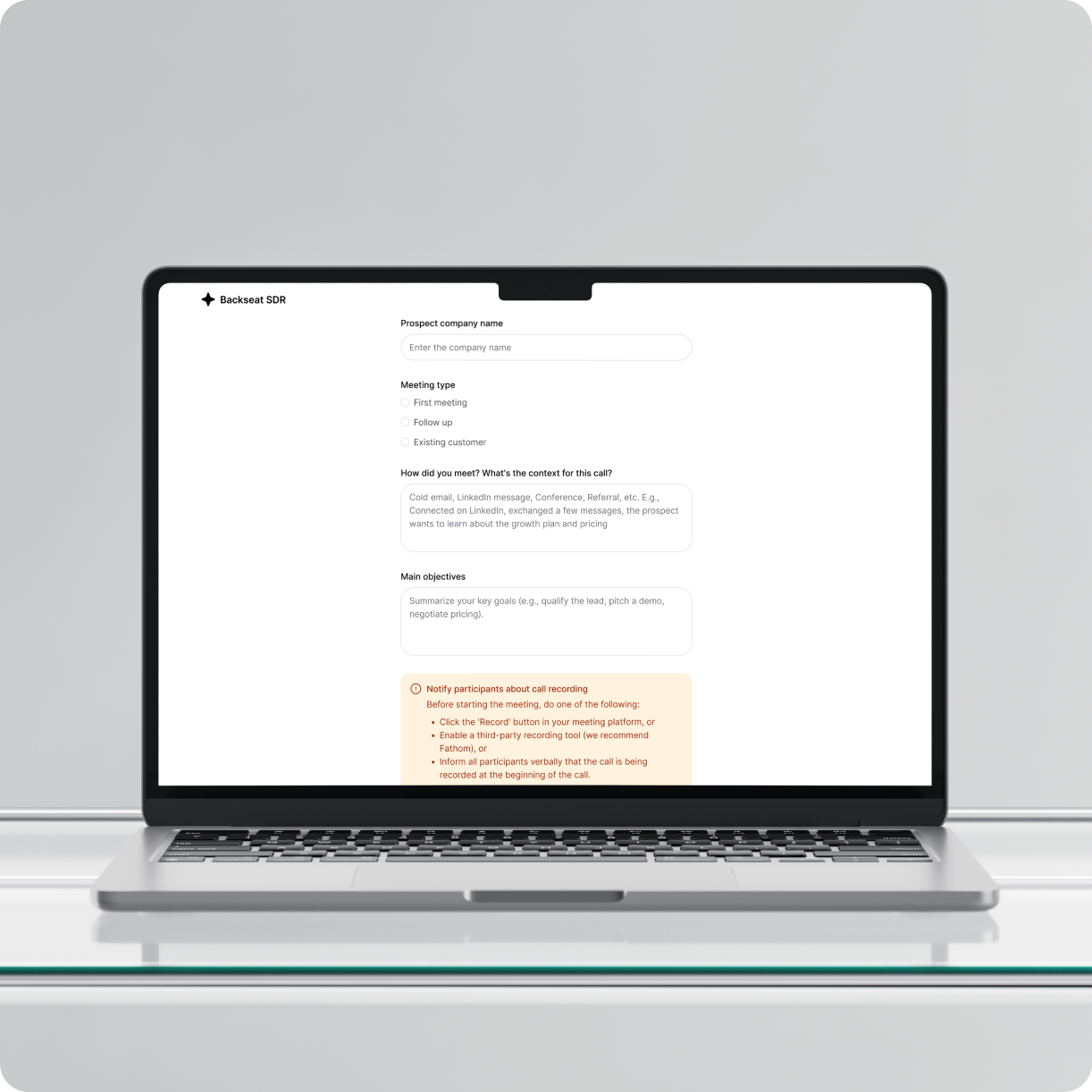 A laptop displaying the main dashboard of the Backseat SDR application, showcasing its clean and intuitive design as a key part 
of the solution.