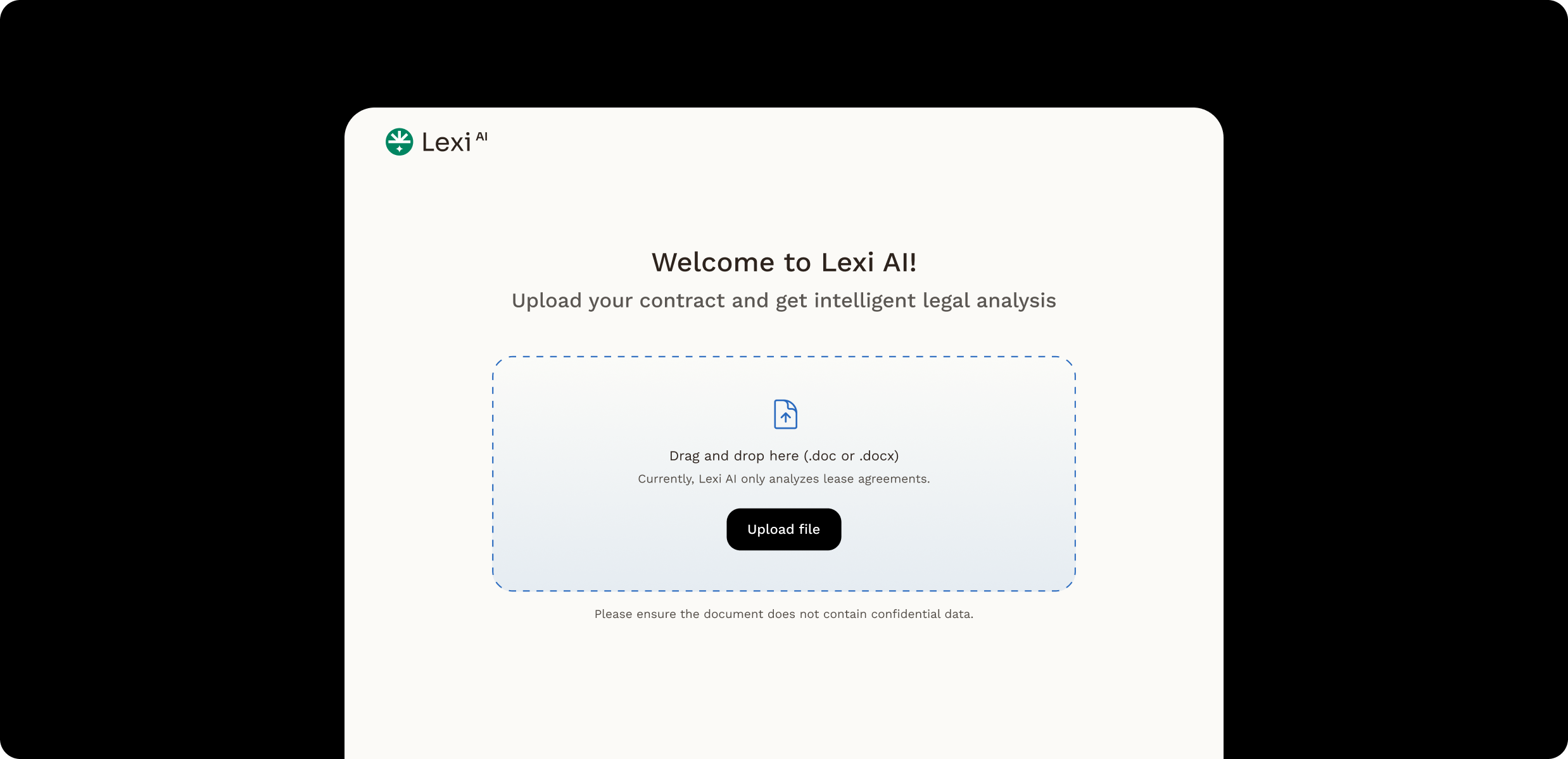 Lexi AI welcome screen with document upload interface featuring a headline, upload prompt for legal contract analysis, and upload button in a drag-and-drop file area.