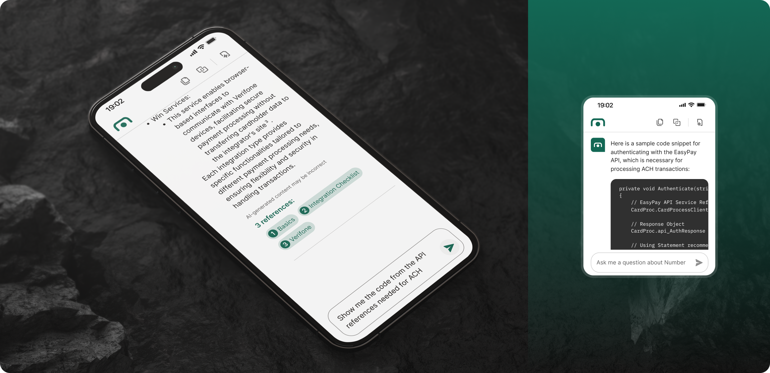 A smartphone displaying technical documentation next to the Number AI Assistant interface where a AI is answering an integration question.