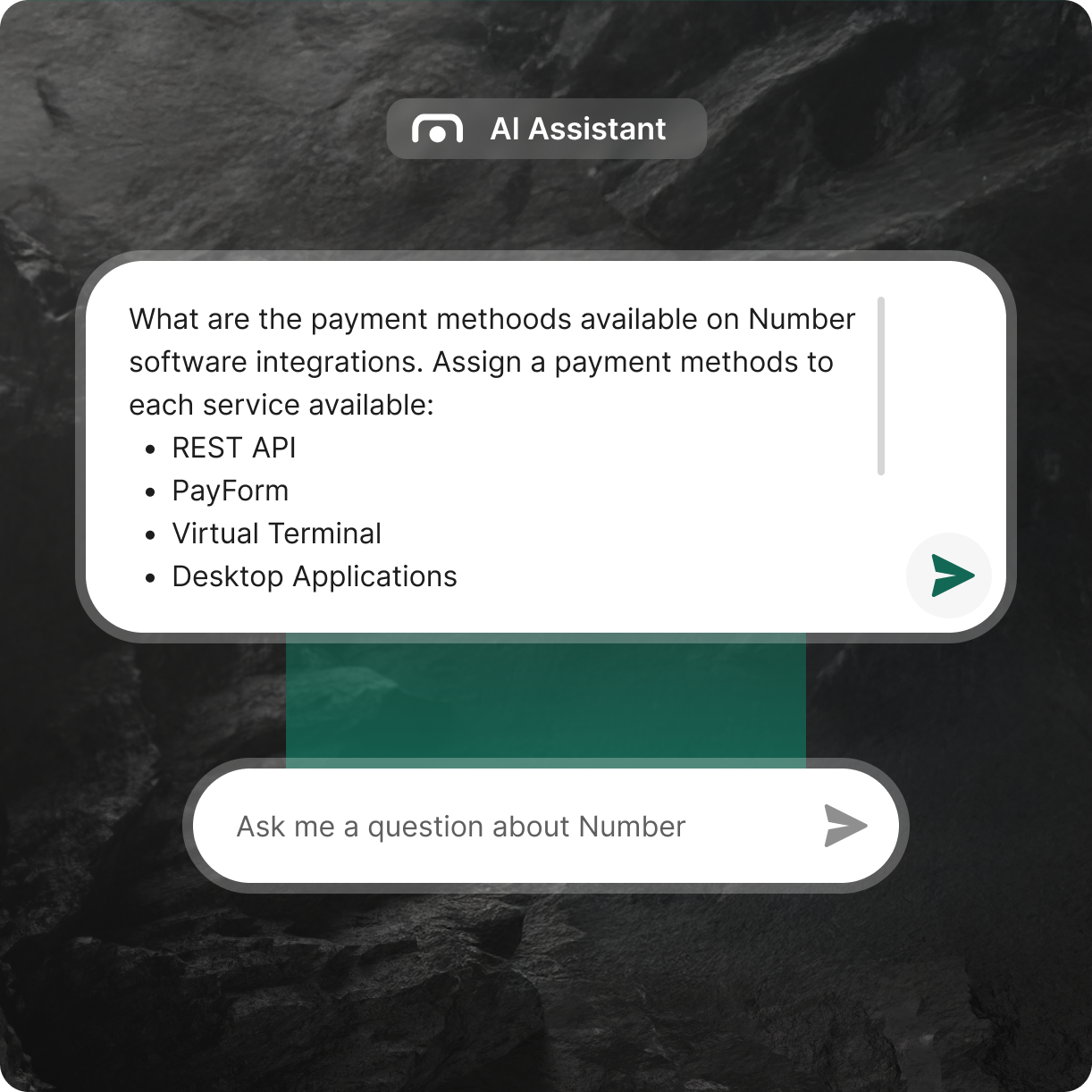A close-up of the Number AI Assistant's chat window, showing a developer's question and input field