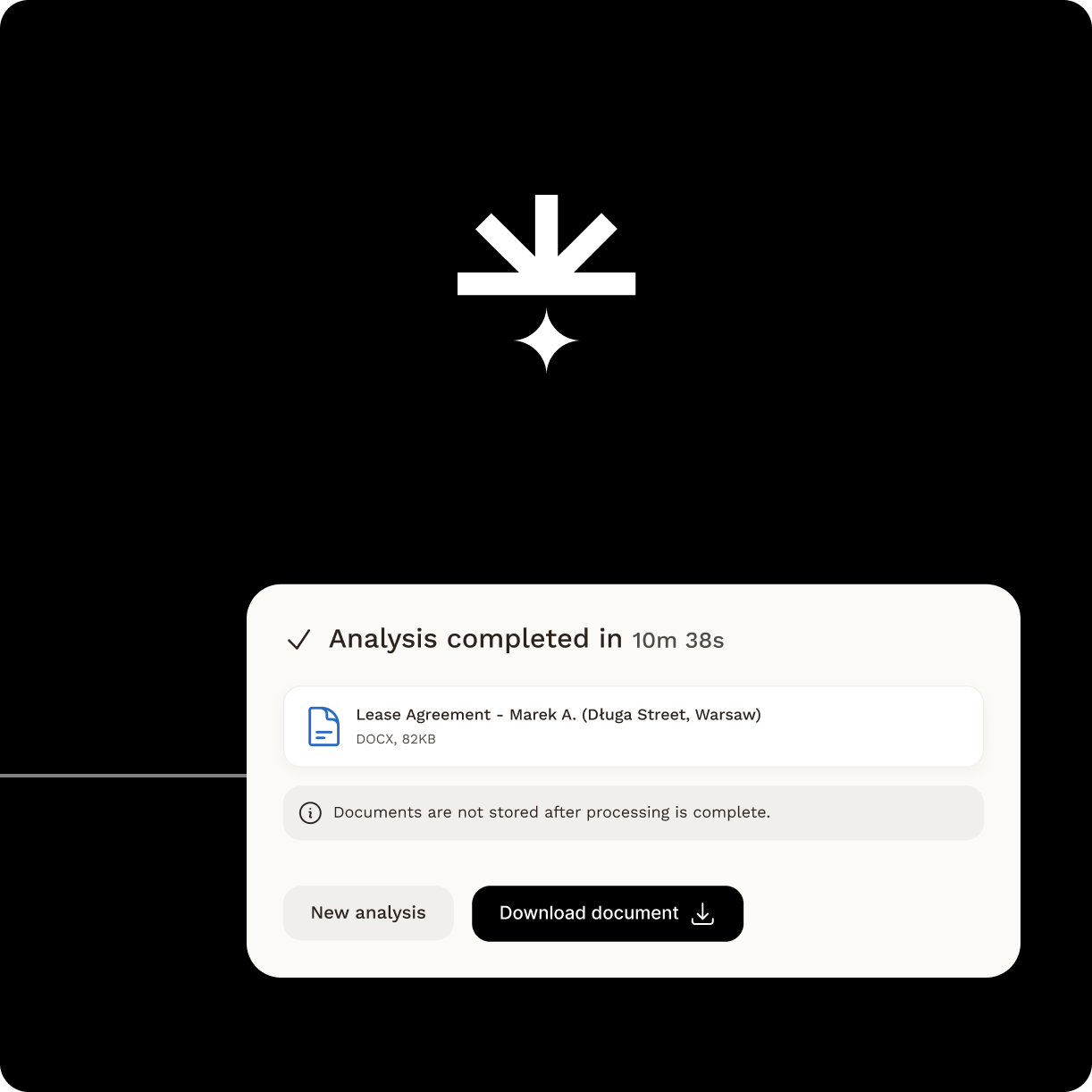 The final step in the Lexi AI workflow, showing the user interface card with a prominent download button for the analyzed document.