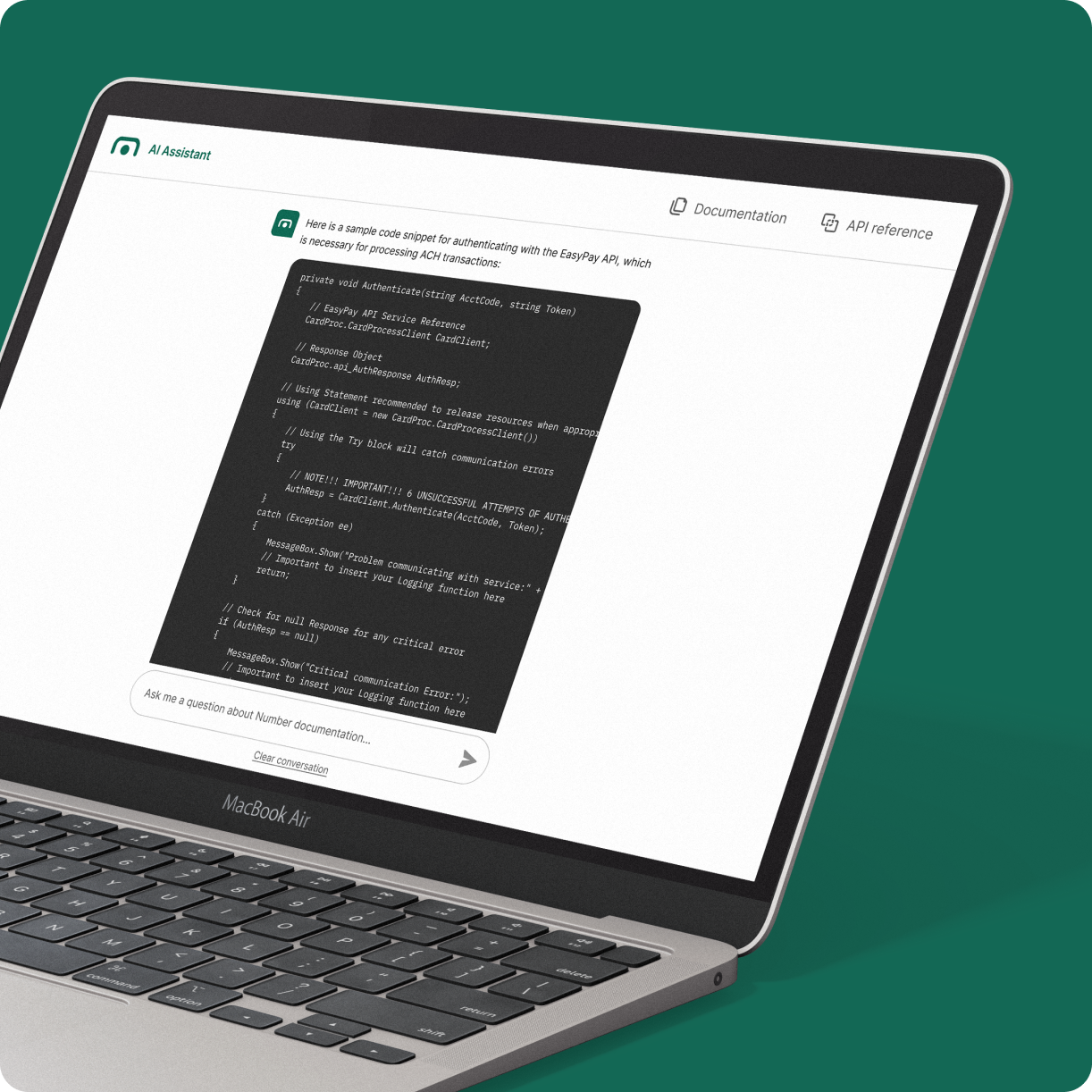 A close-up of a laptop screen displaying a formatted code snippet with syntax highlighting, provided by the AI assistant.