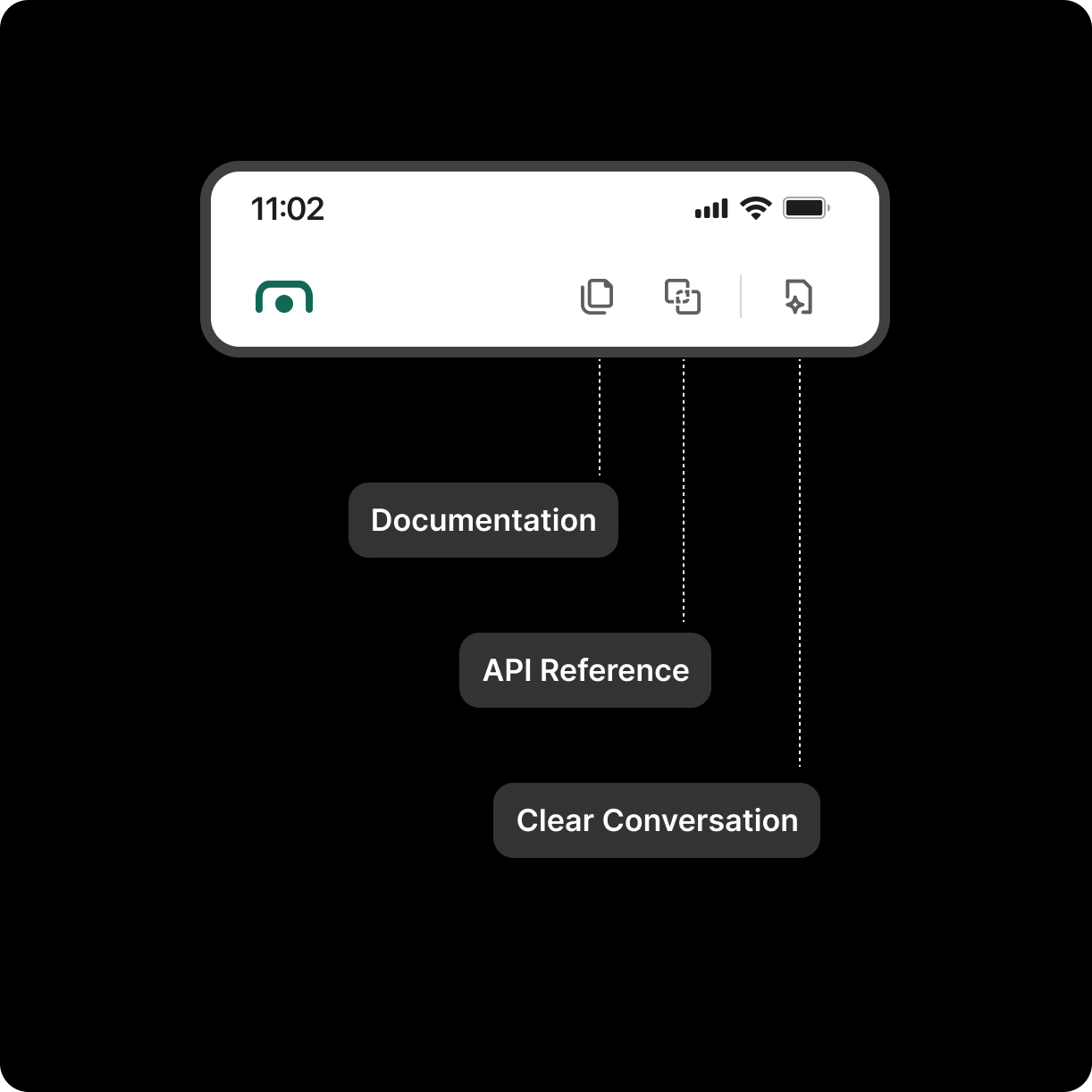 The Number AI Assistant interface showing clickable navigation elements like: Documentation, API Reference, Clear Conversation