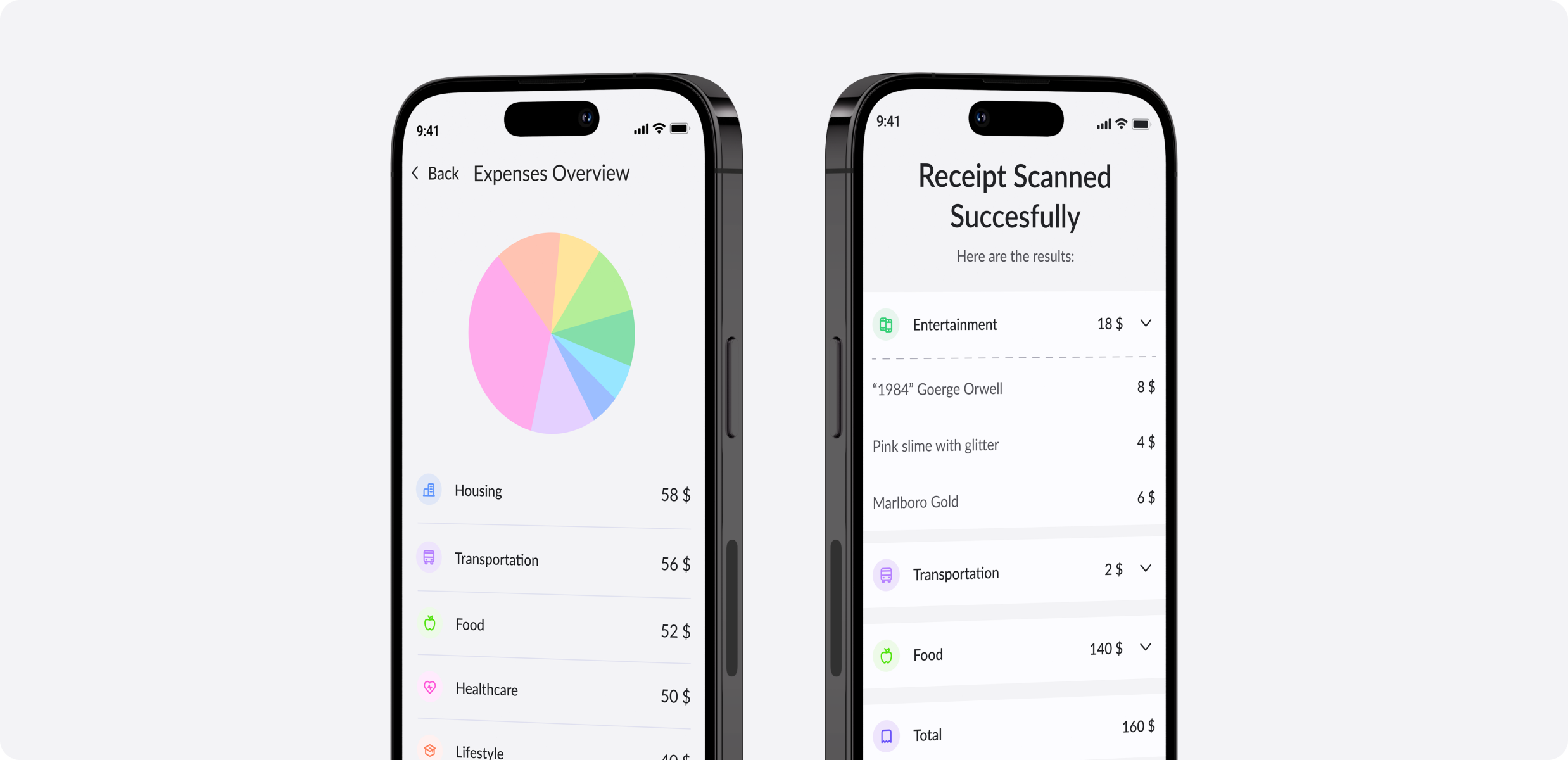 Two views of the Budget Bot app on a smartphone: one showing a colorful pie chart of spending categories, and the other displaying a list of recent transactions.