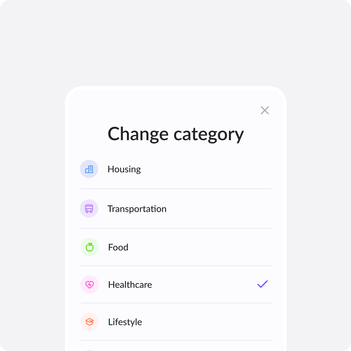 The 'Change Category' screen in Budget Bot, allowing a user to assign a custom spending to the selected category with a name and an icon.