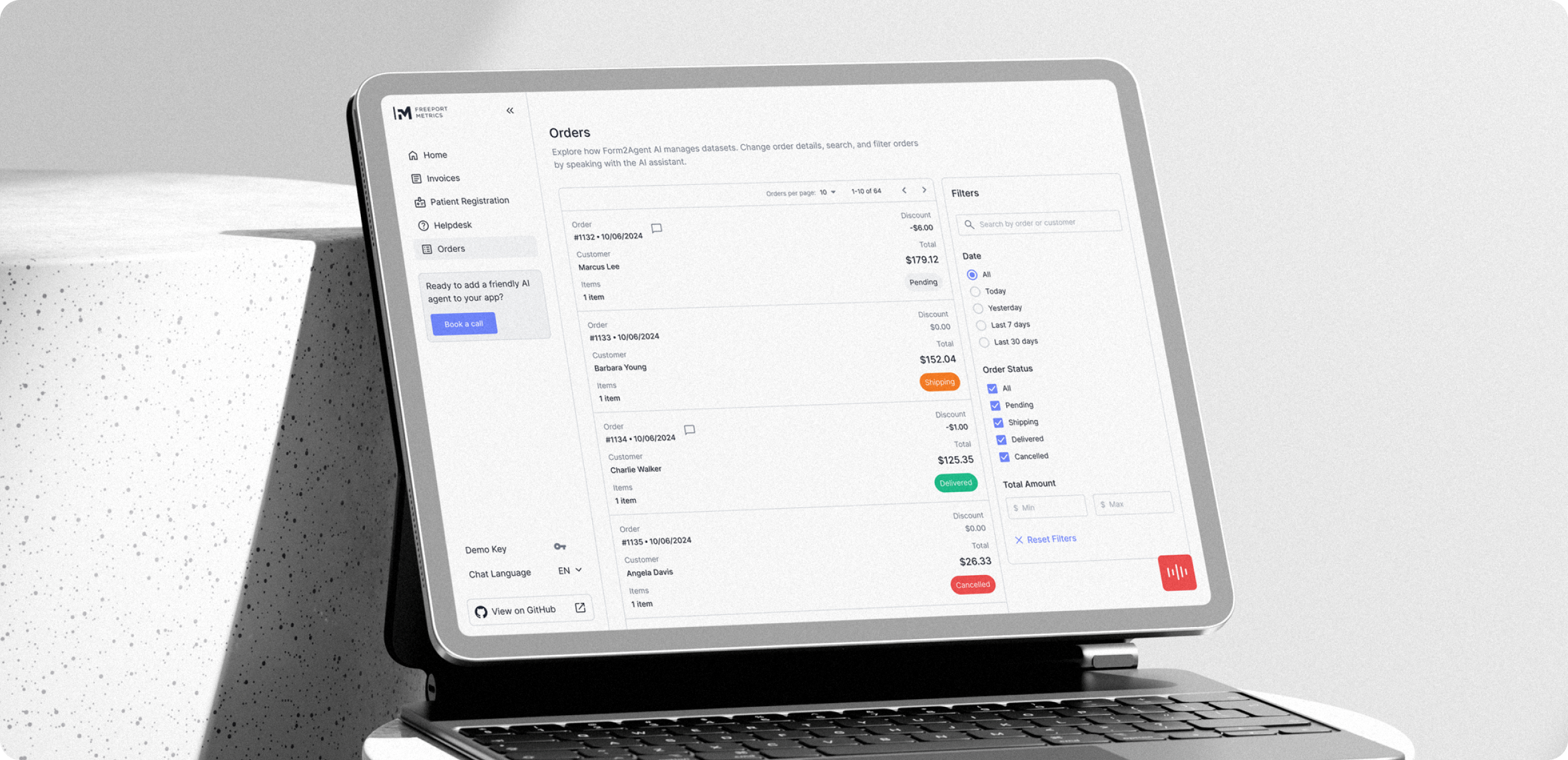 A tablet displaying a complex web application with the Form2Agent AI voice communication active, ready to assist the user.