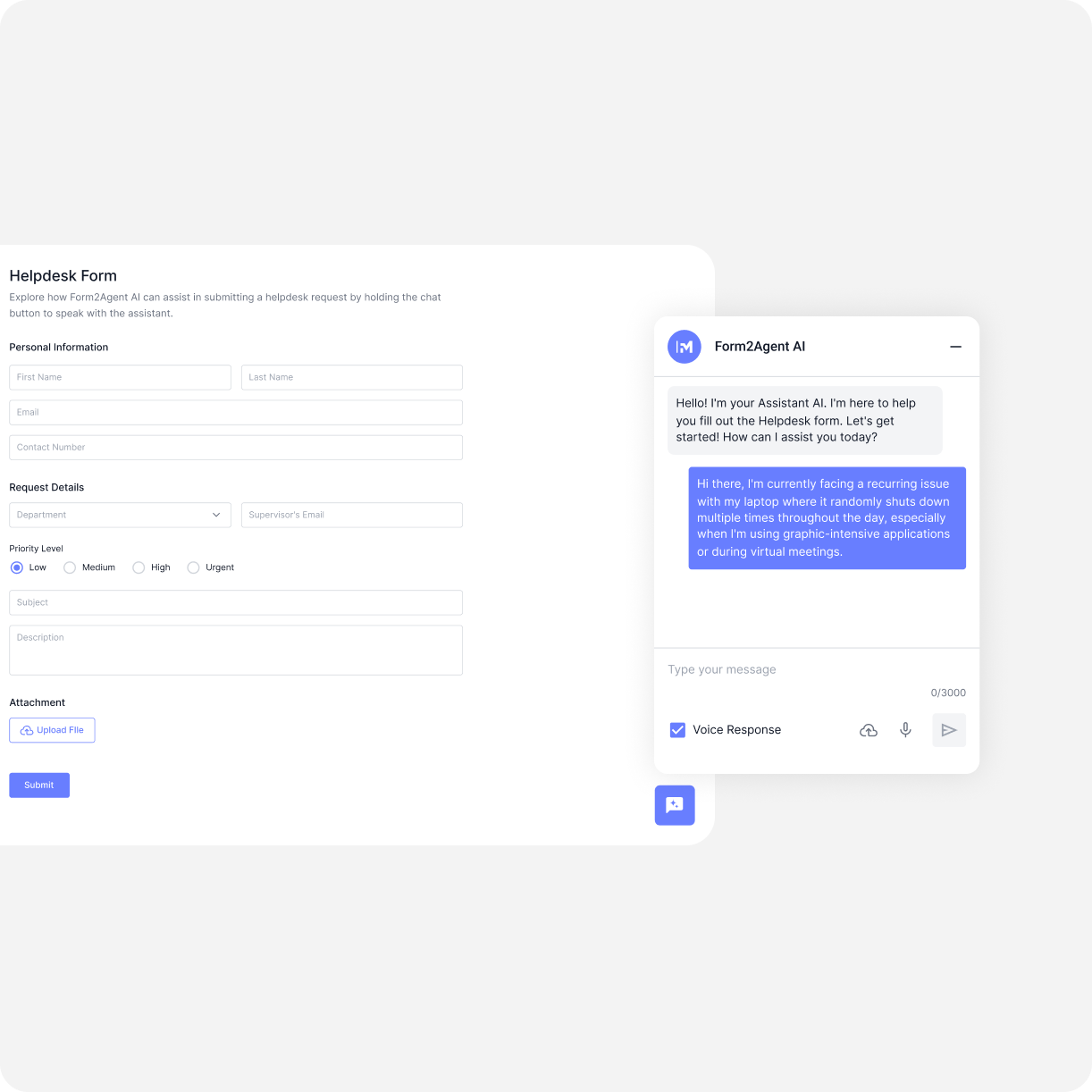 The simple and clean chat interface for Form2Agent AI, showing the text input field for user commands.