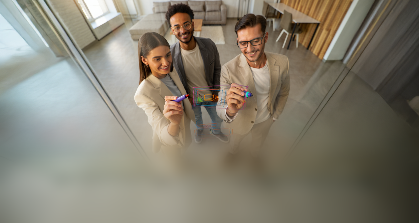 A diverse team of professionals collaborating in a modern office