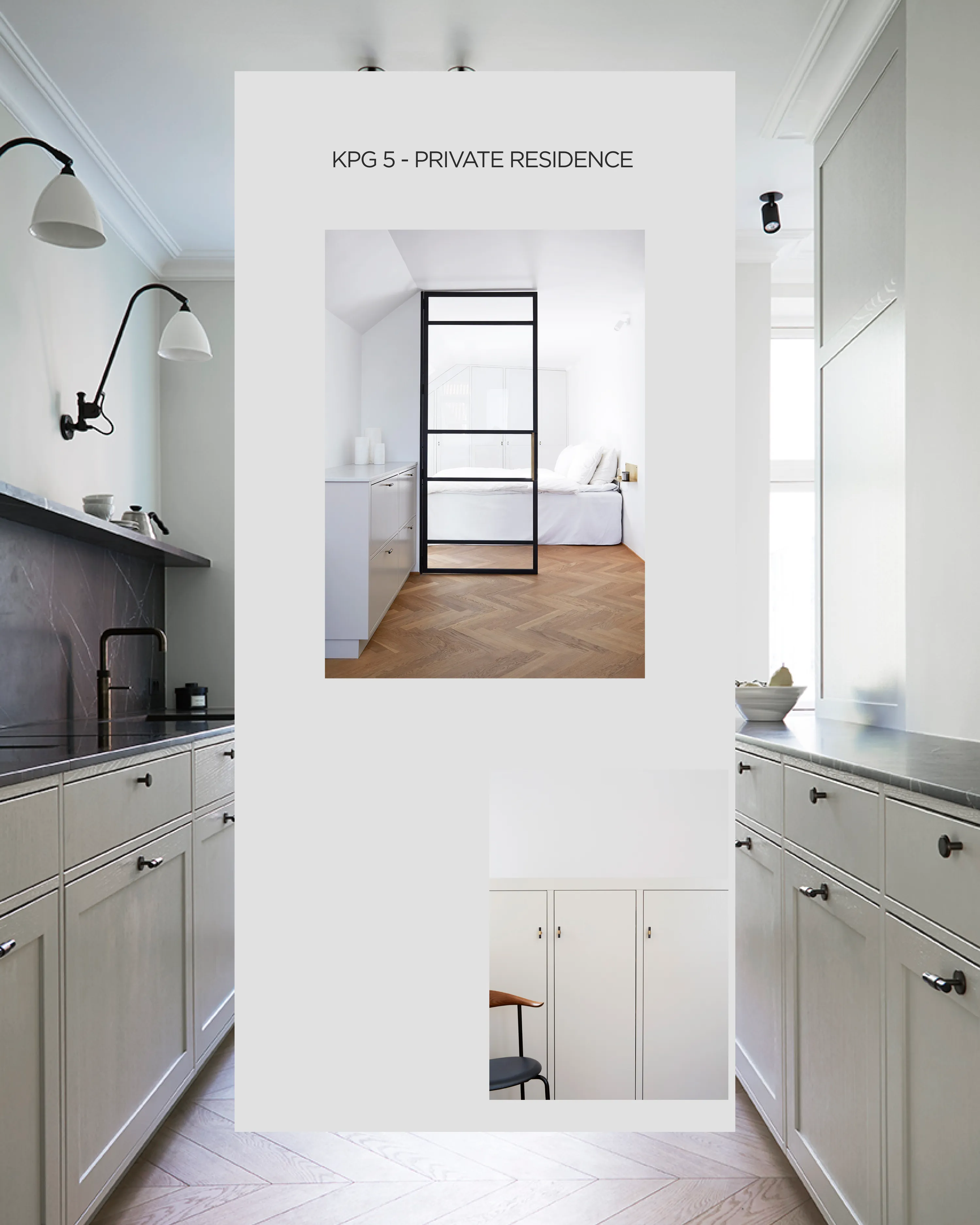 Modern kitchen with white cabinets, black countertop, wall lamps, and wooden herringbone floor.