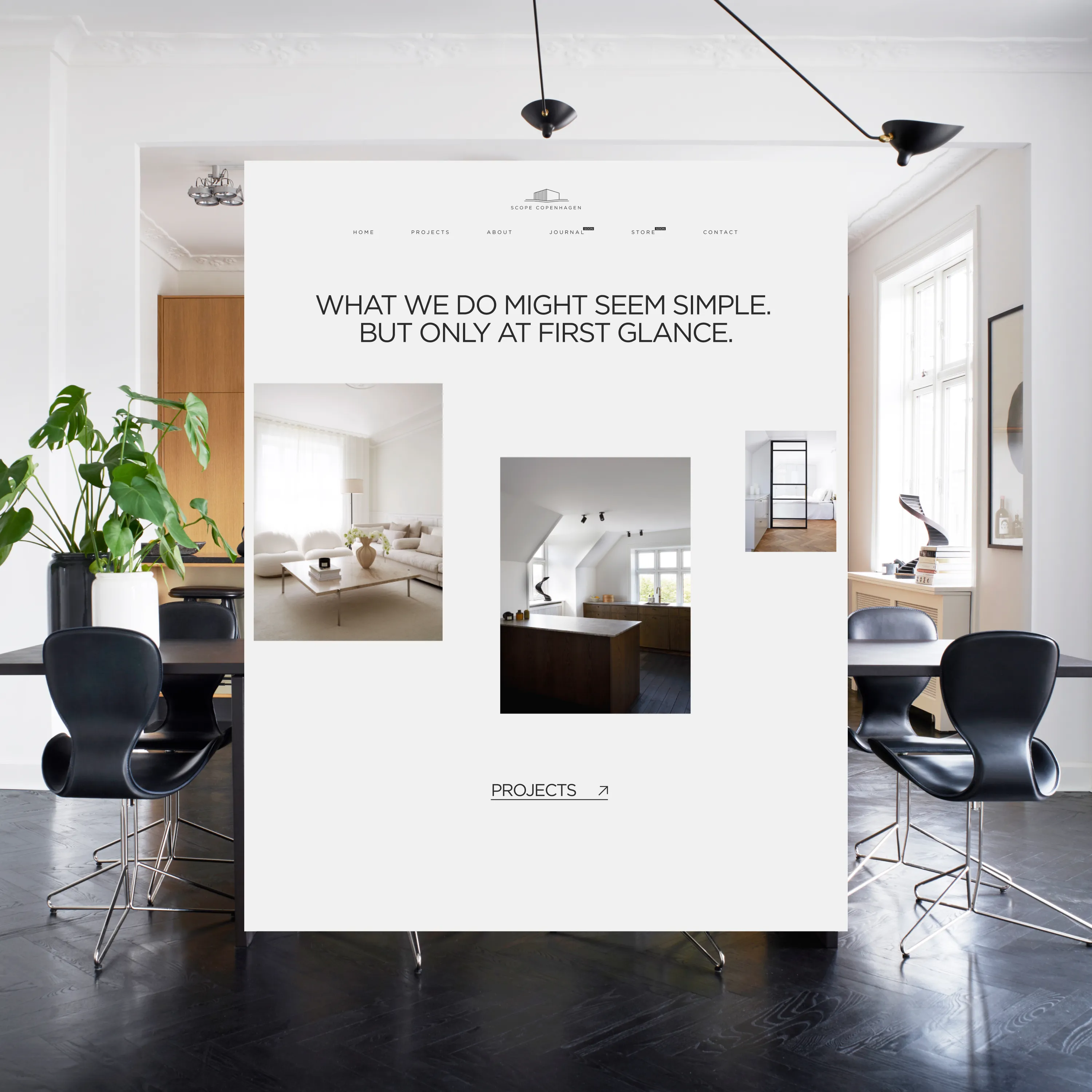 Modern dining room with black chairs, large green plant, and bright windows in a stylish apartment.