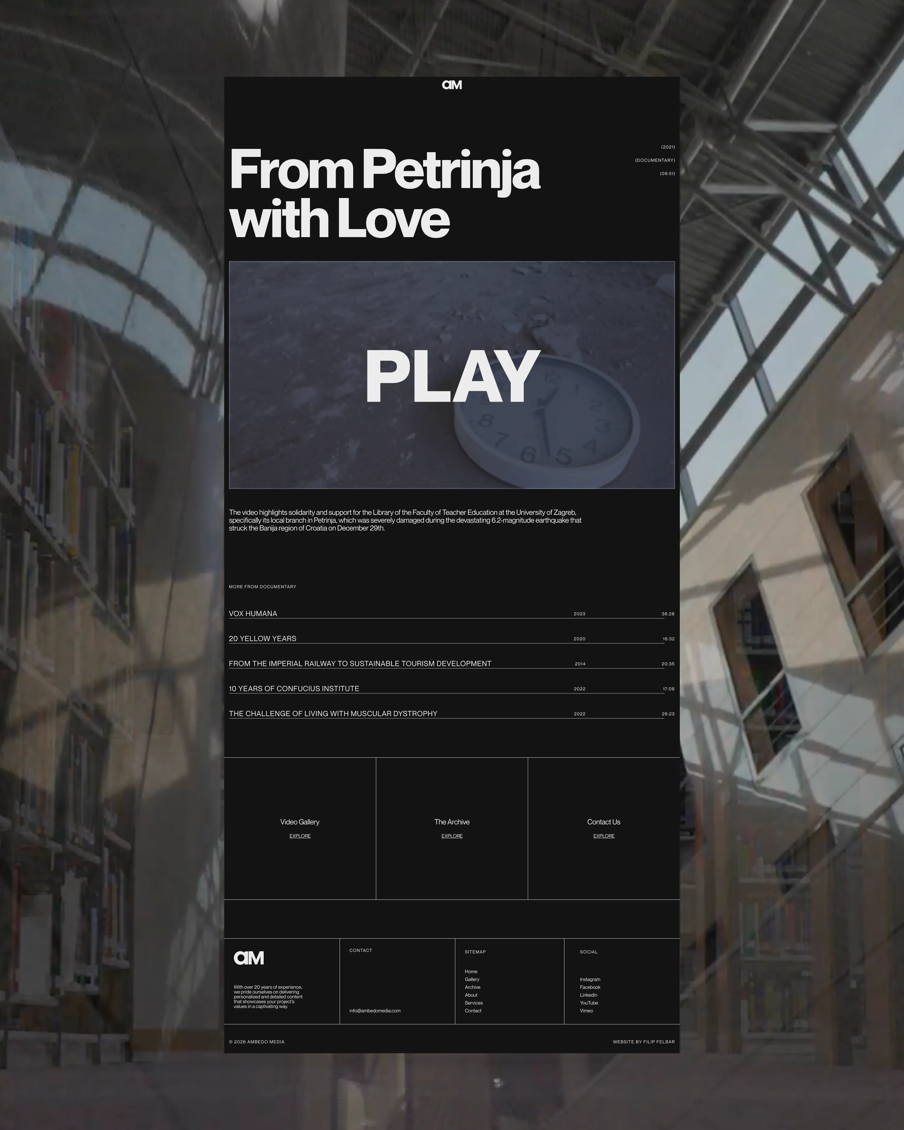 Webpage showing documentary 'From Petrinja with Love' with play button and video list, set against library background.