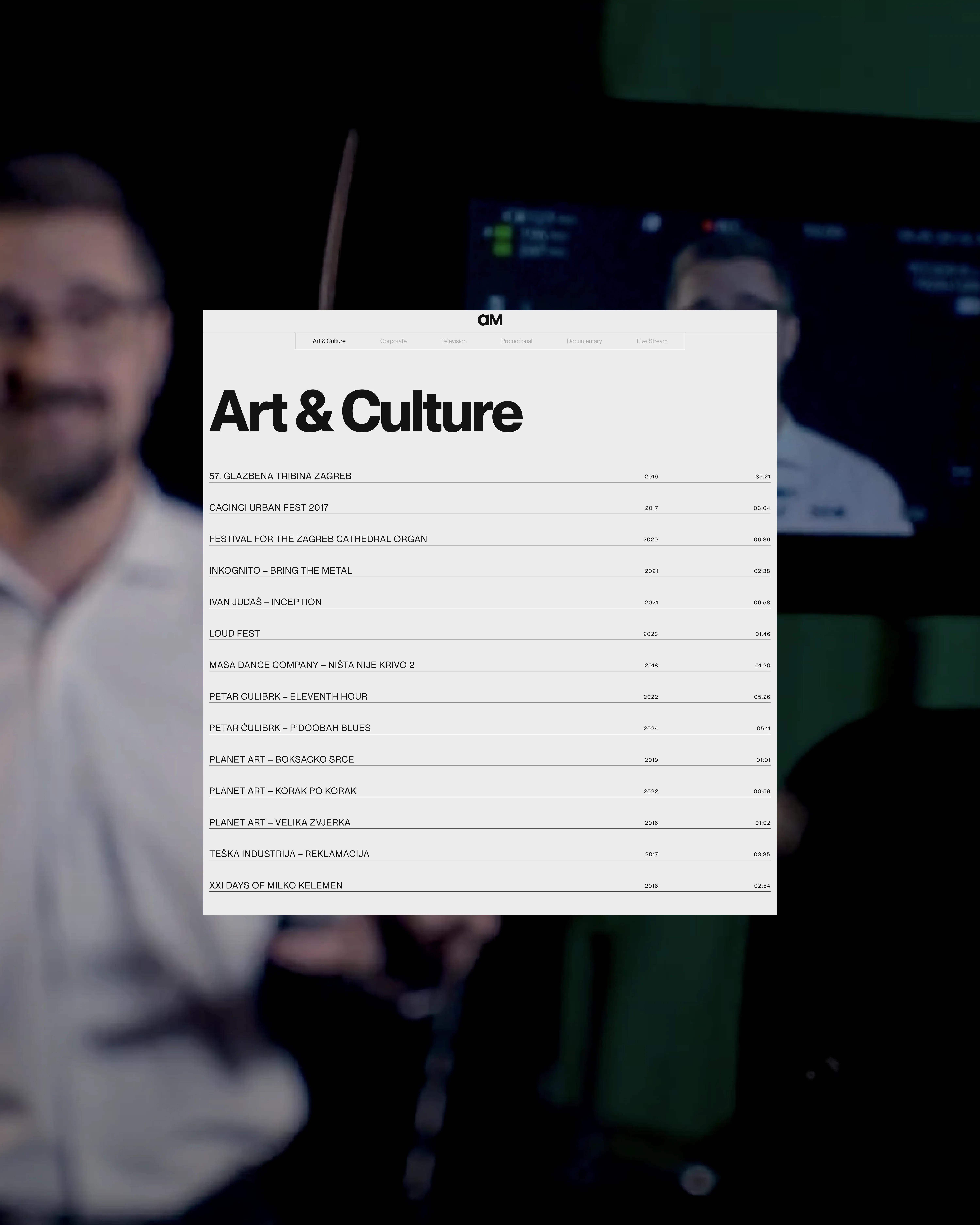 Man blurred in background holding a screen listing Art & Culture videos with titles and dates.