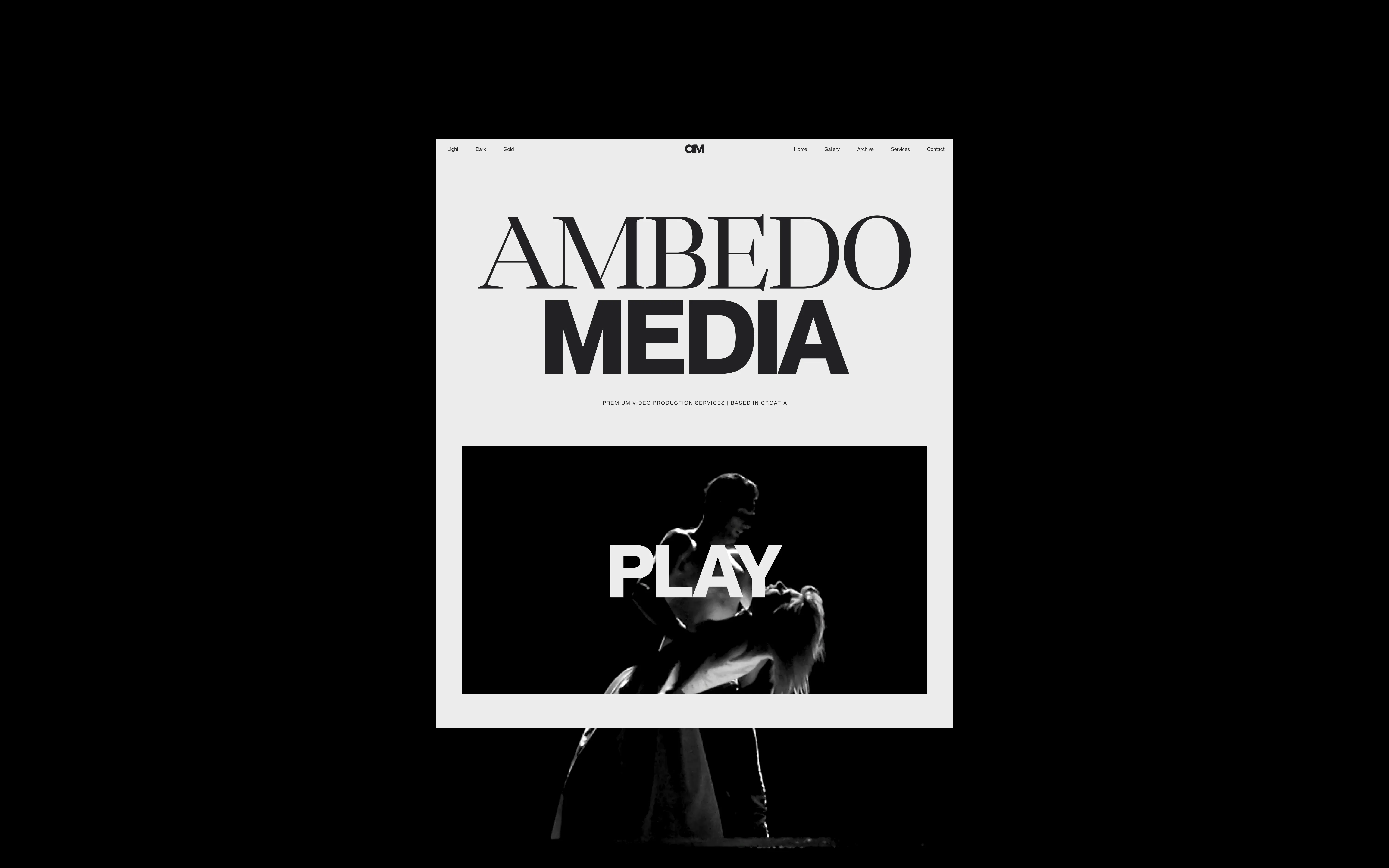 Website homepage with large title Ambedo Media and a black-and-white image of dancers with a play button.