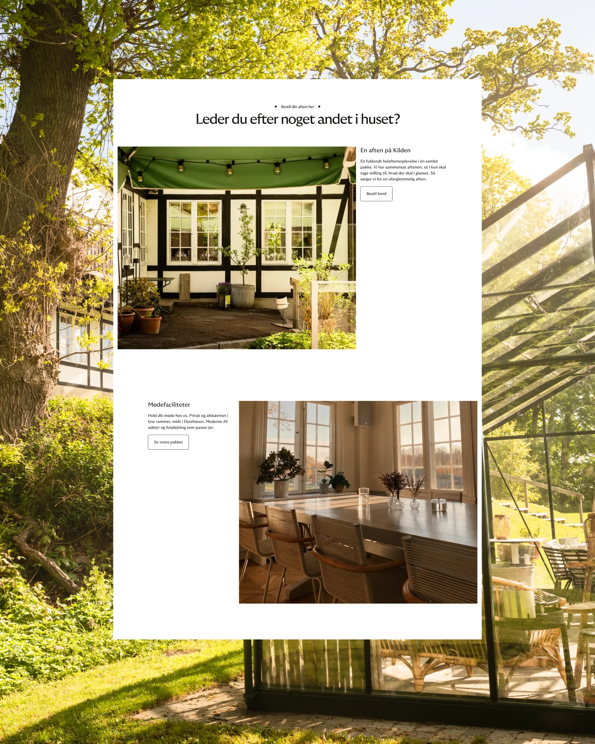 Website section showing outdoor seating area and indoor meeting room with chairs and a table by windows.