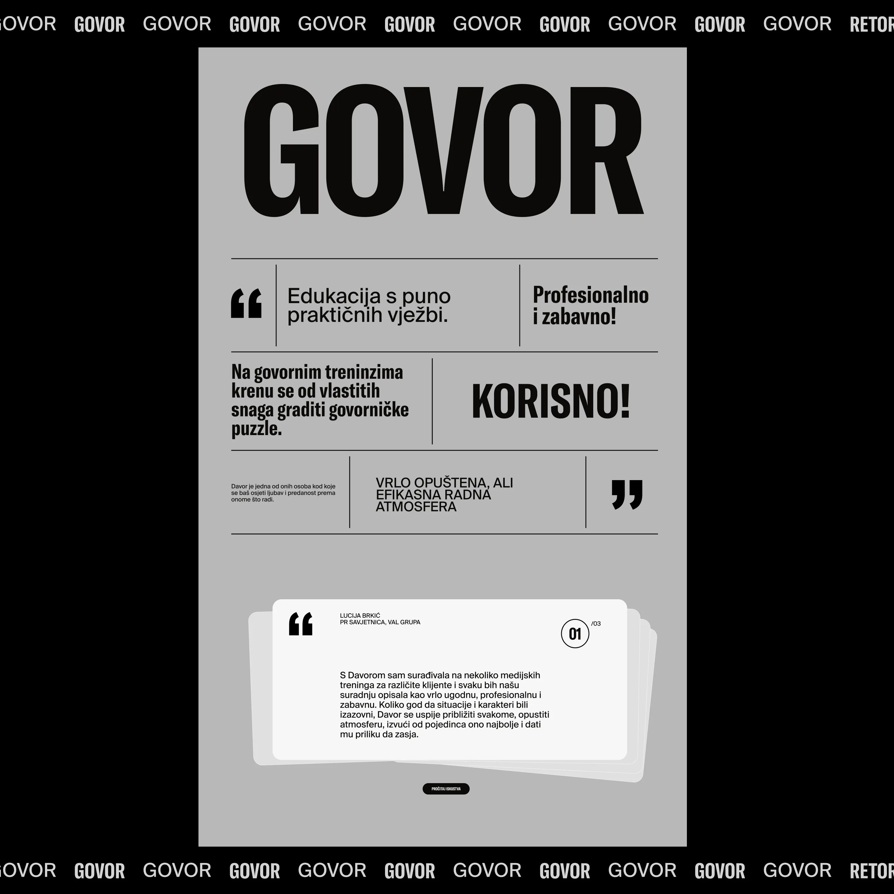 Text blocks highlight Govor's speech training as practical, professional, fun, useful, with a relaxed productive atmosphere.