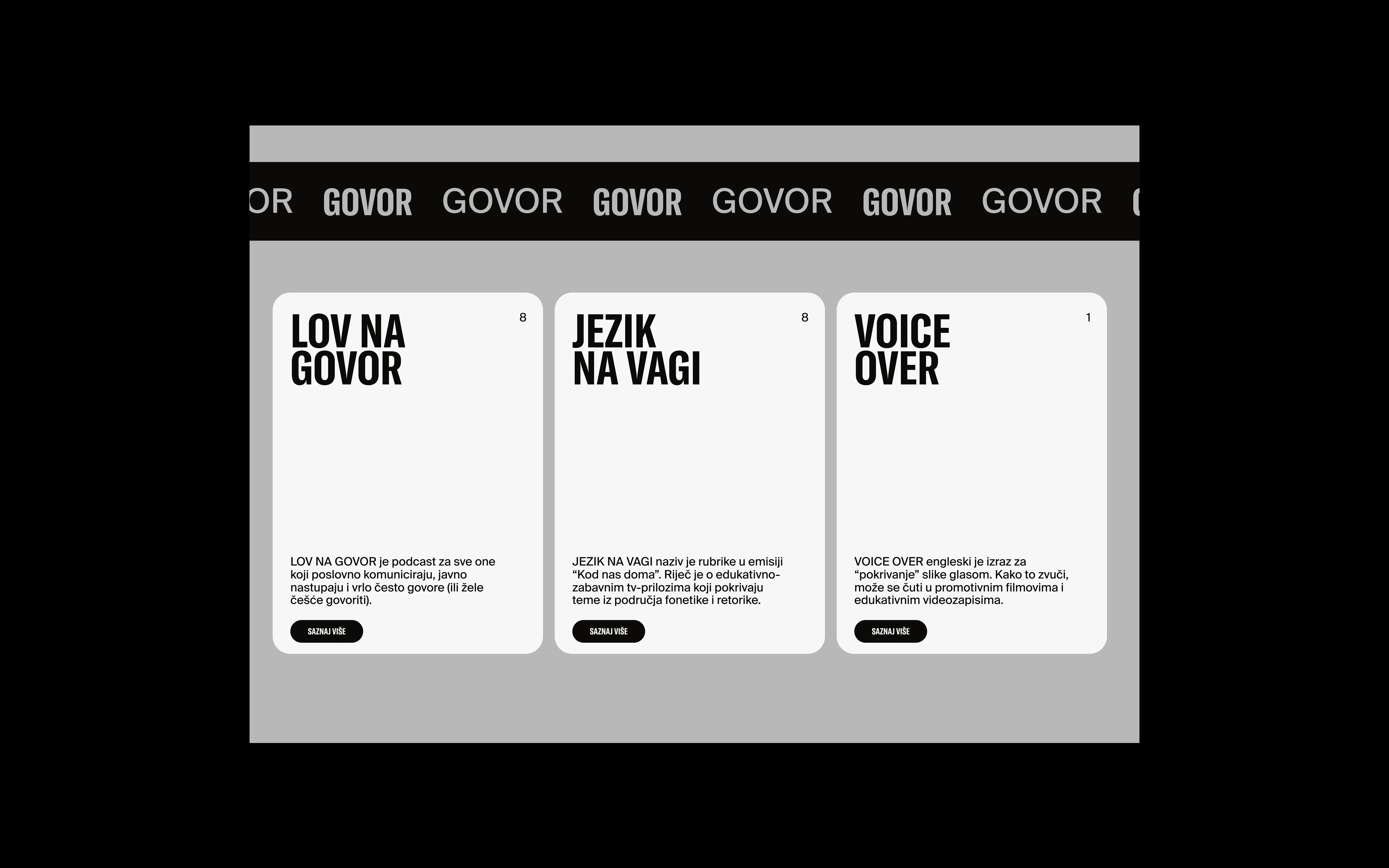 Three text cards labeled Lov na Govor, Jezik na Vagi, and Voice Over with short descriptions and buttons.