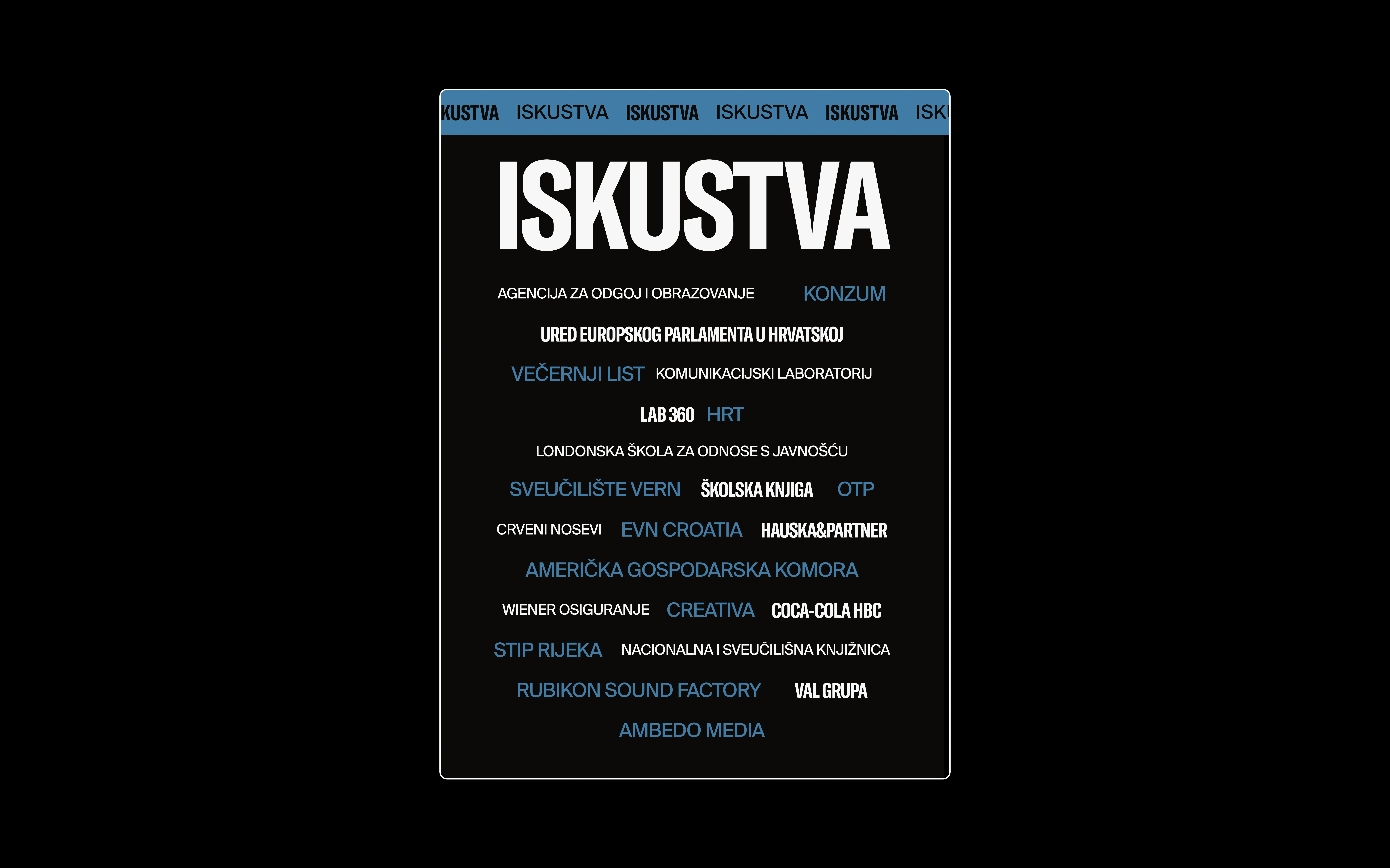 Black background with logos and names of various Croatian organizations and companies under the title ISKUSTVA.