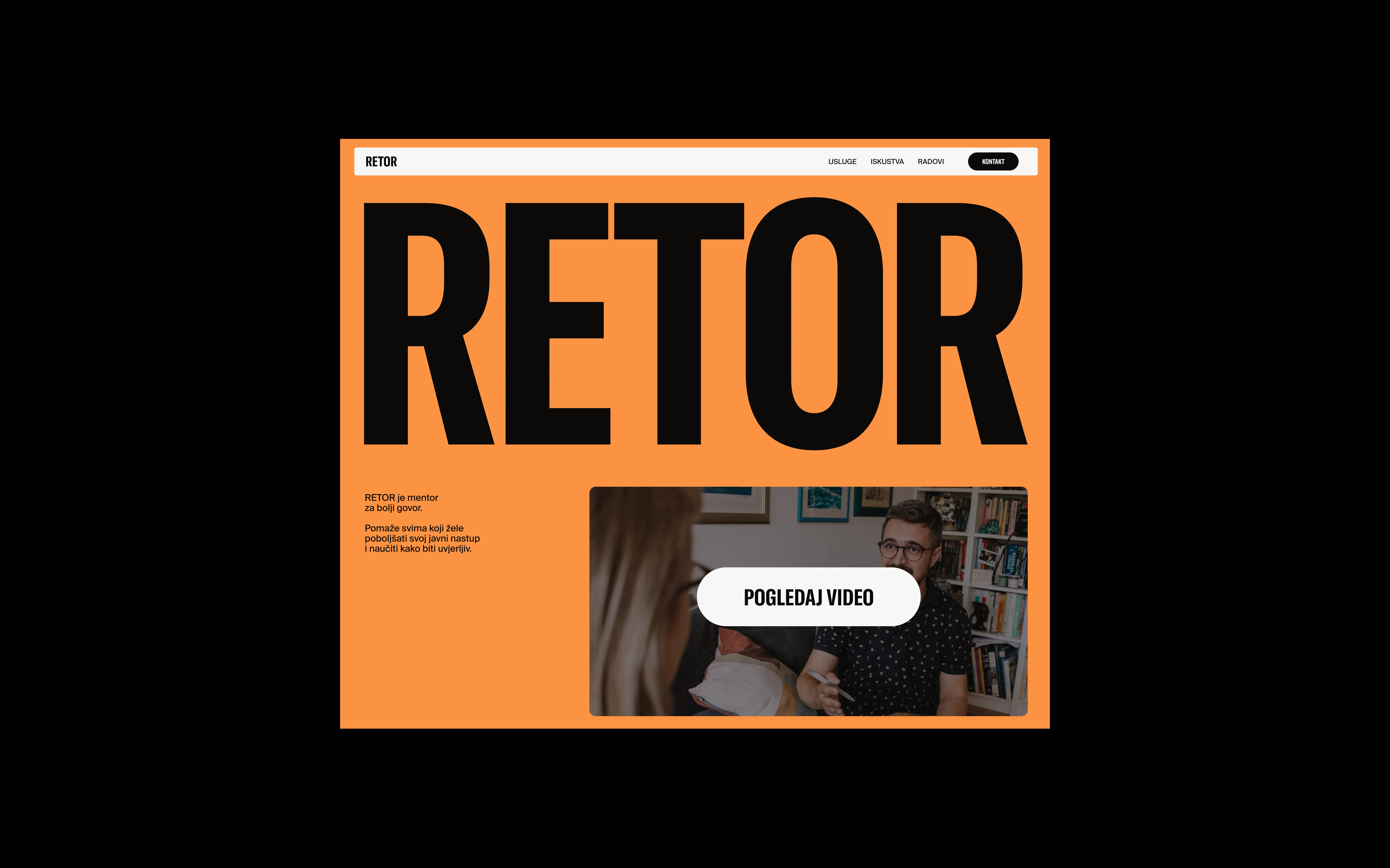 Website homepage with RETOR in large letters and a video thumbnail showing a man and woman talking.