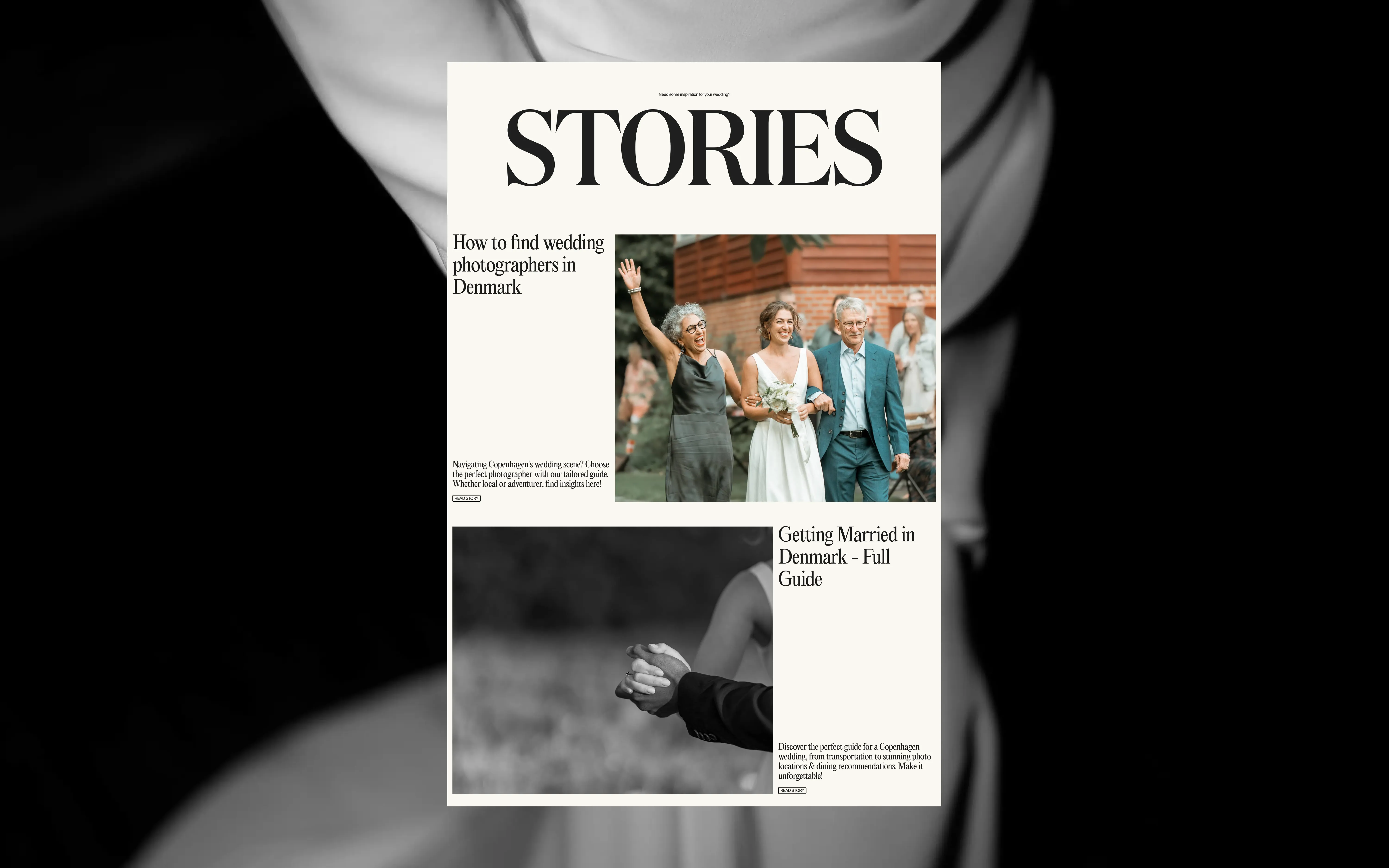 Magazine cover titled STORIES with wedding photos and guide headlines about weddings in Denmark.