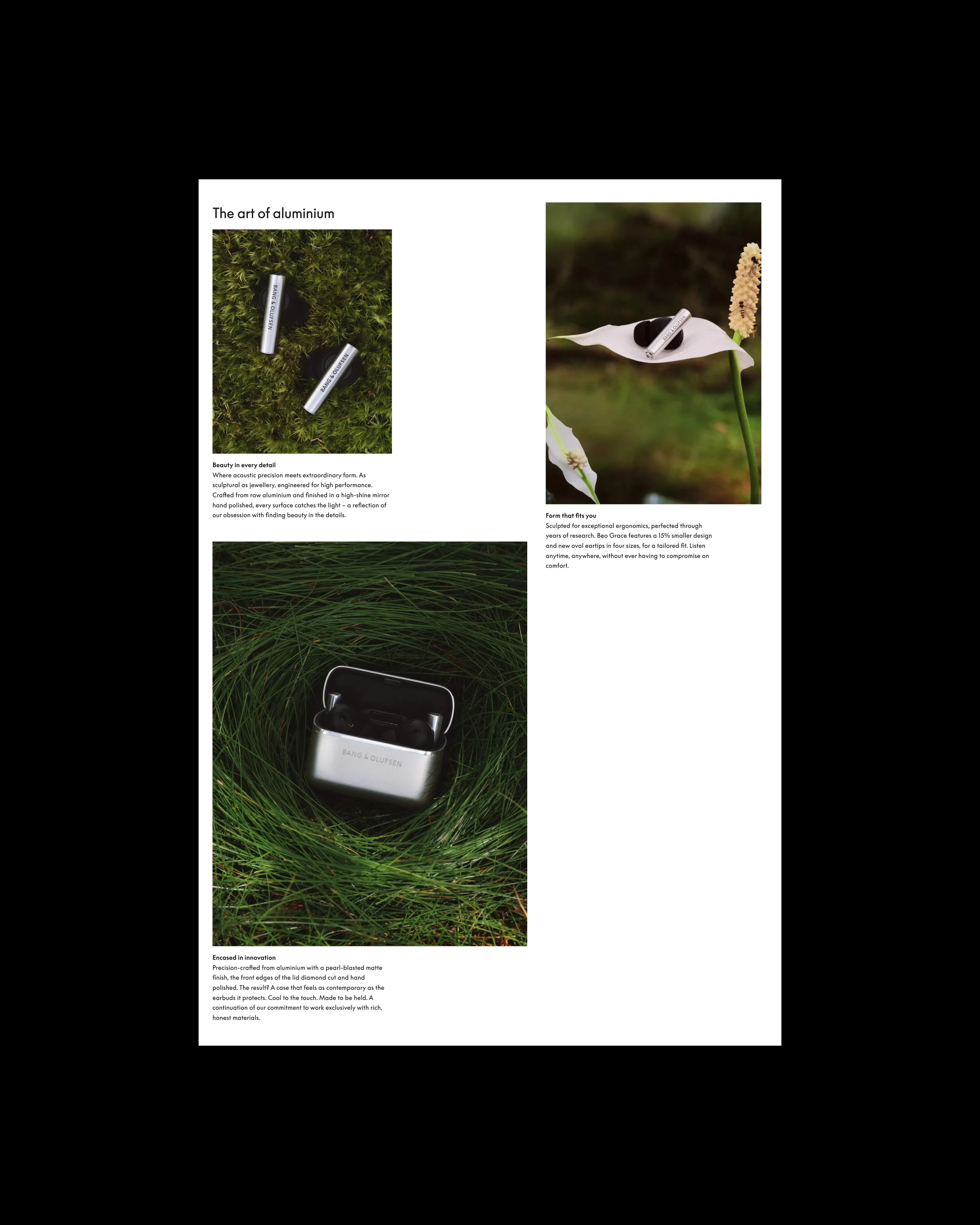 Bang & Olufsen aluminum earbuds and case placed artfully in green natural settings.