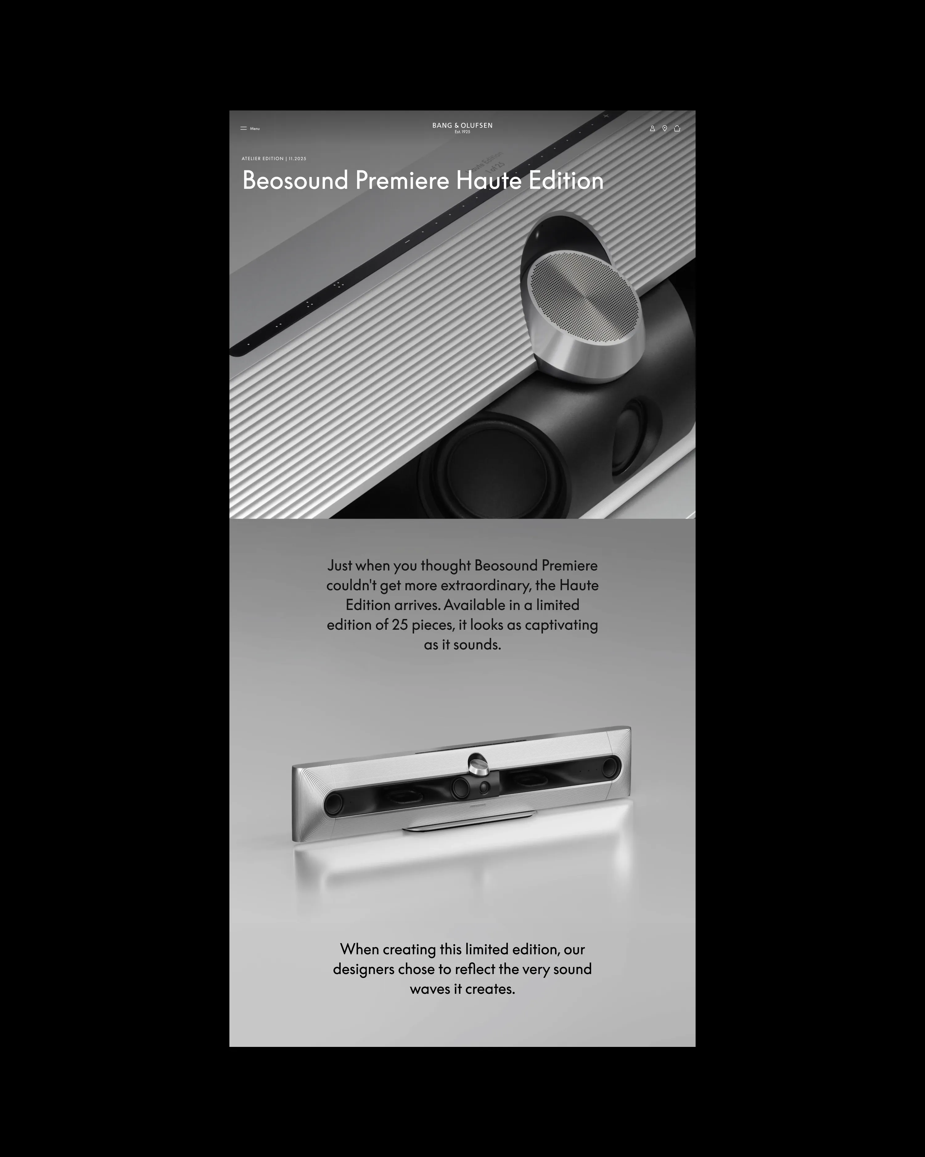 Beosound Premiere Haute Edition speaker in silver with text about its limited edition and sound wave design.