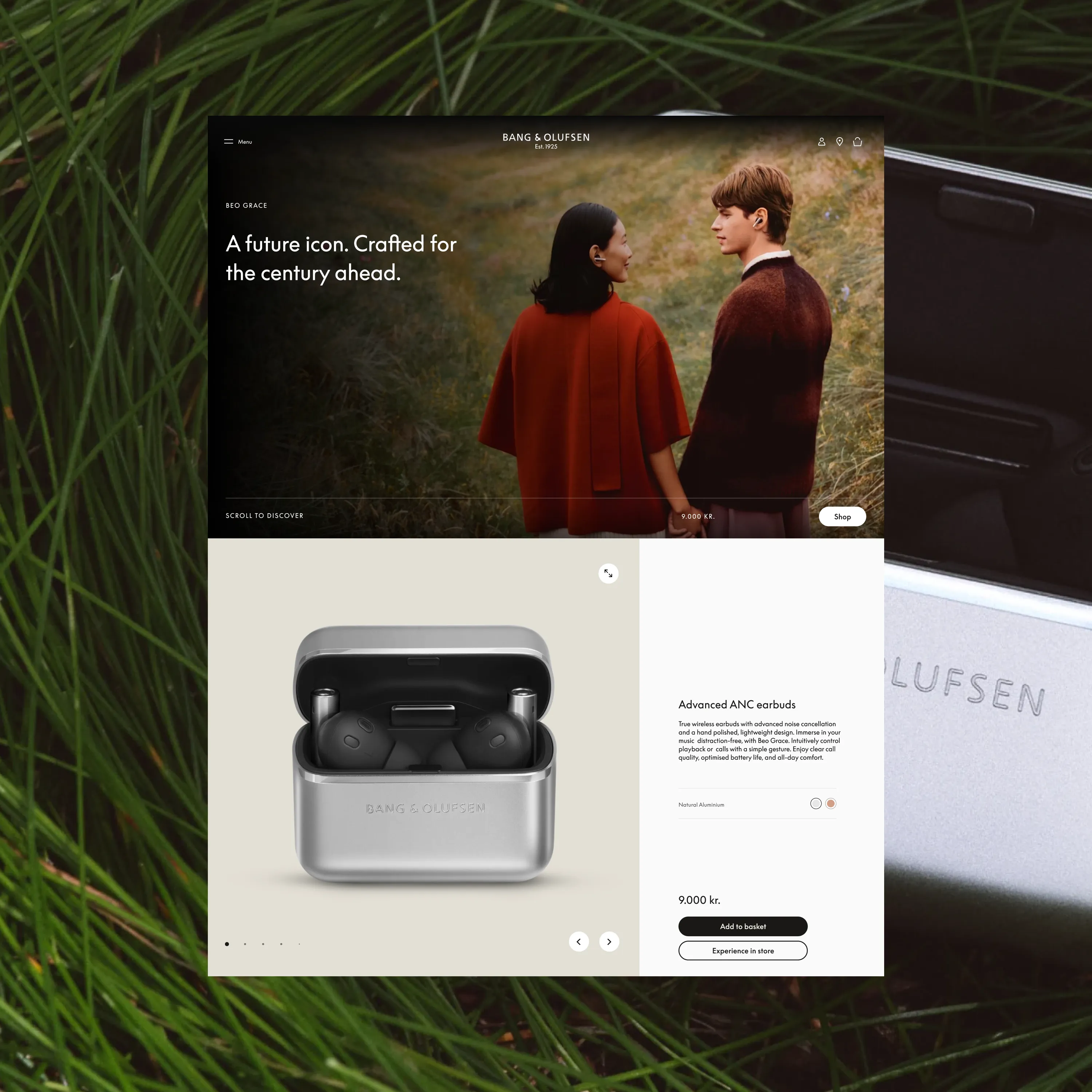 Website showing a couple wearing earbuds and a product page for Bang & Olufsen wireless earbuds in a silver case.