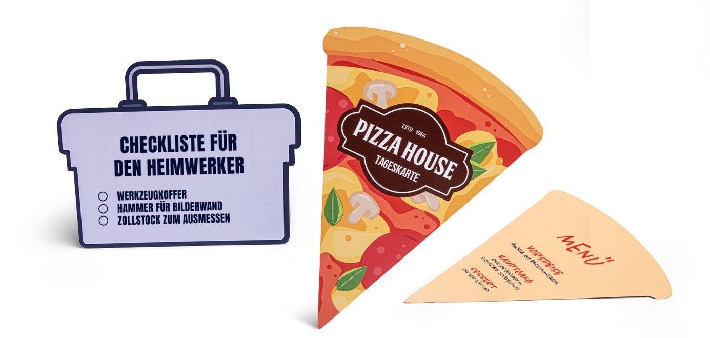 Flyer con forma personalizzata: valigetta degli attrezzi e fetta di pizza