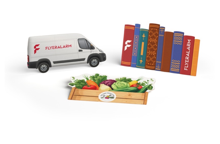 Biglietti da visita con forma personalizzata: furgone, fila di libri e cassetta di verdure