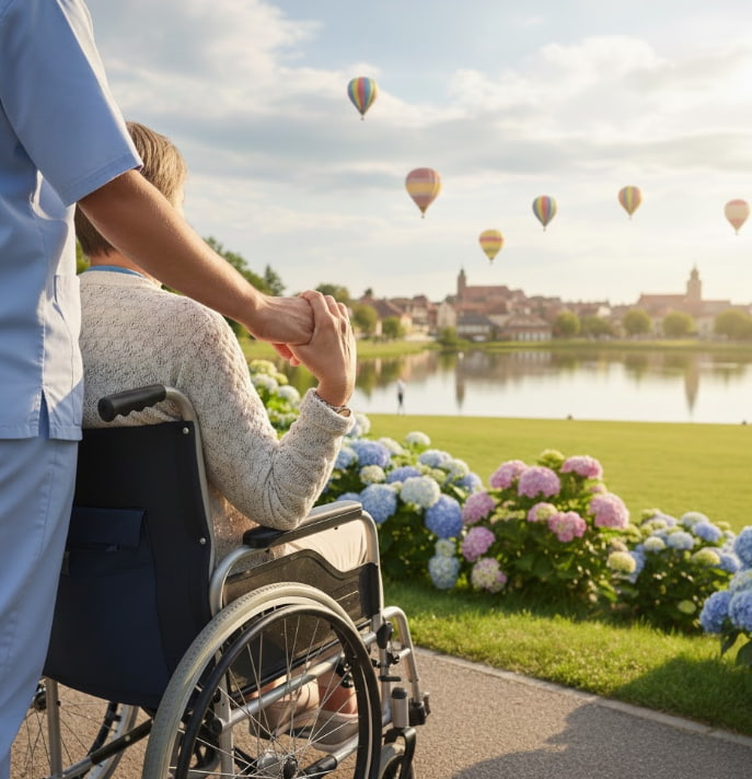 Home care services Deer Park, WA professional caregiver providing mobility support to a senior outdoors
