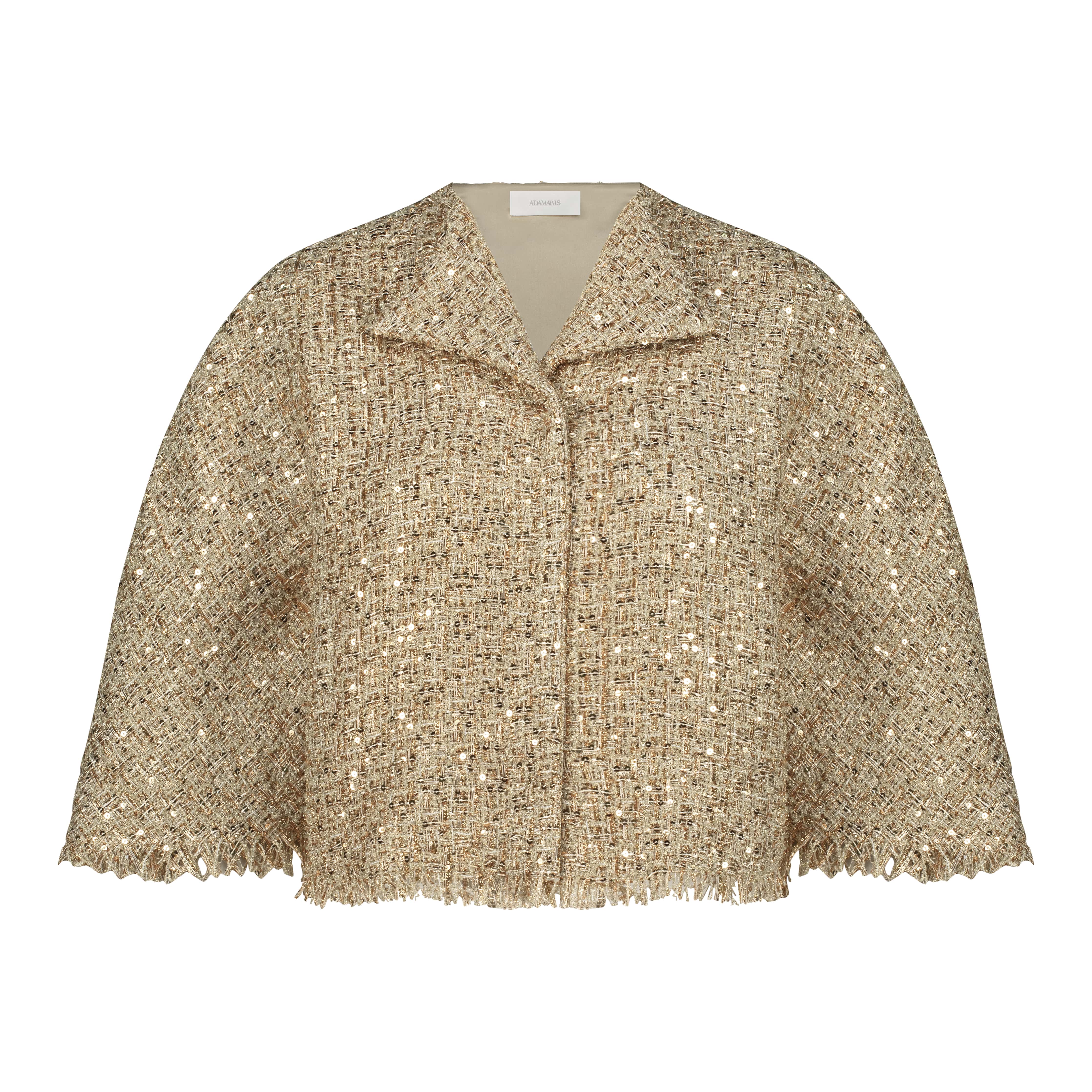 Gold cape AC2025P0027- Gold, cropped tweed cape. Hidden hook at the front - ADAMARIS - the international brand 
