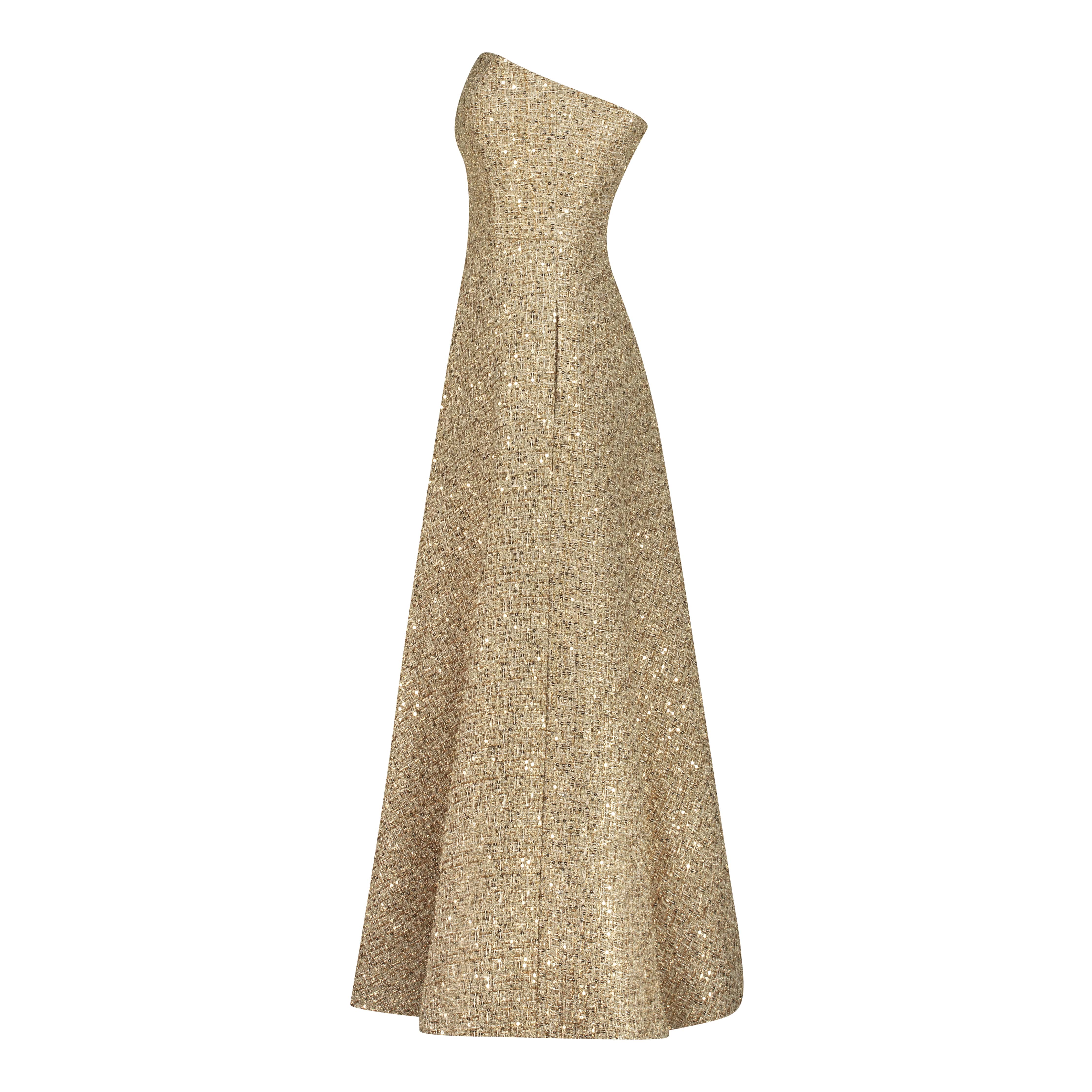 Gold dress AC2025P0027- Midi length dress in tweed with open shoulders. Center back zipper closure- ADAMARIS - the international brand 
