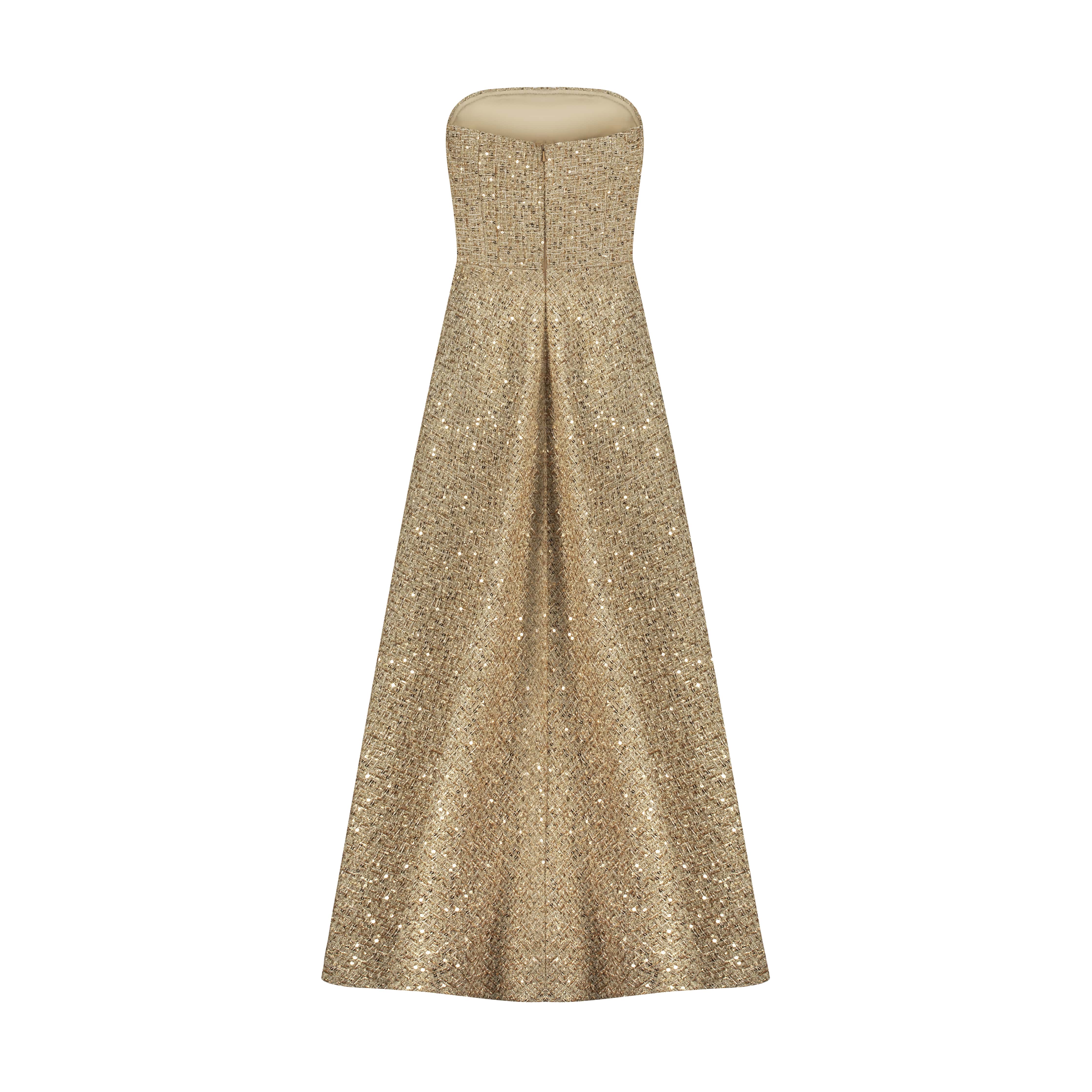 Gold dress AC2025P0027- Midi length dress in tweed with open shoulders. Center back zipper closure- ADAMARIS - the international brand 