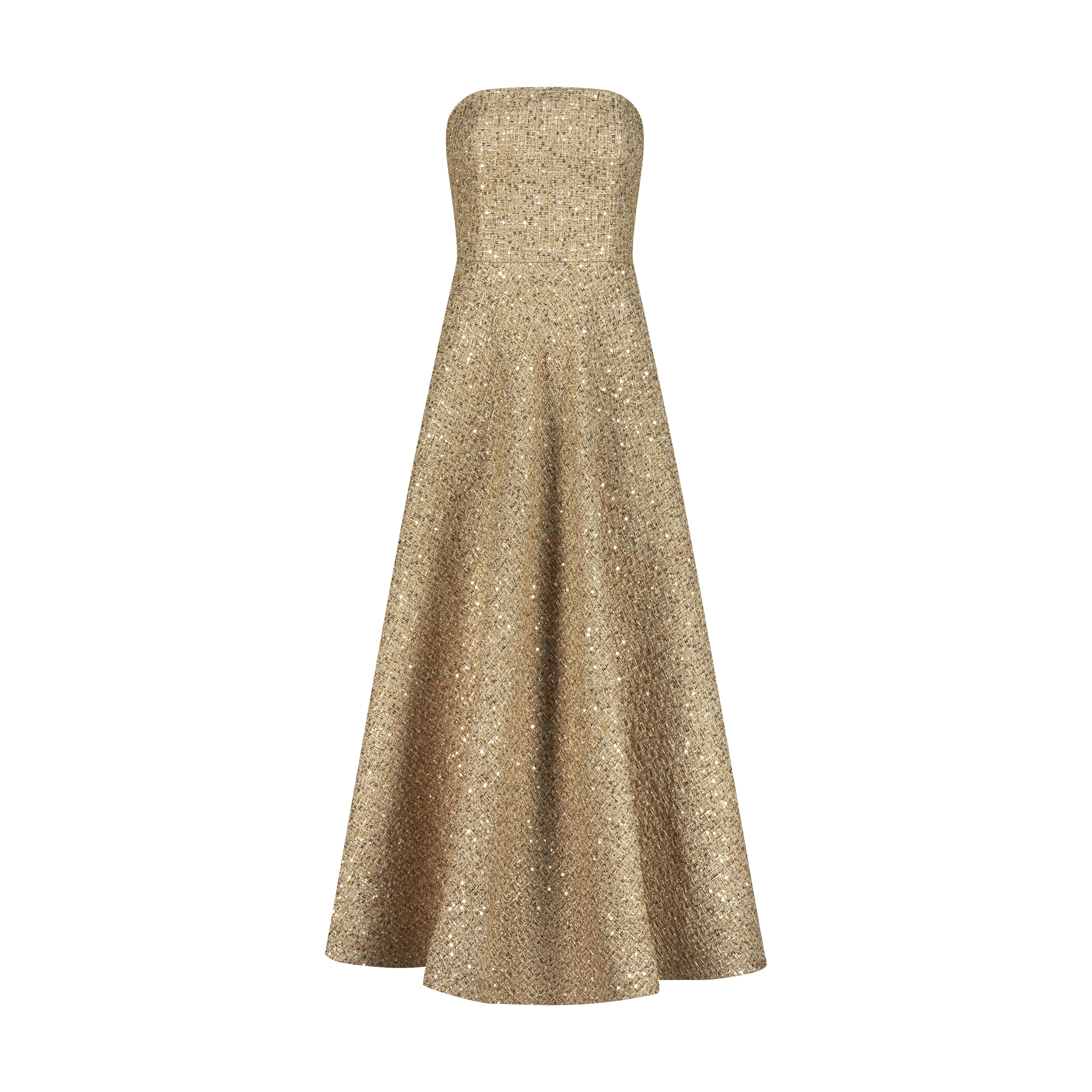 Gold dress AC2025P0027- Midi length dress in tweed with open shoulders. Center back zipper closure- ADAMARIS - the international brand 
