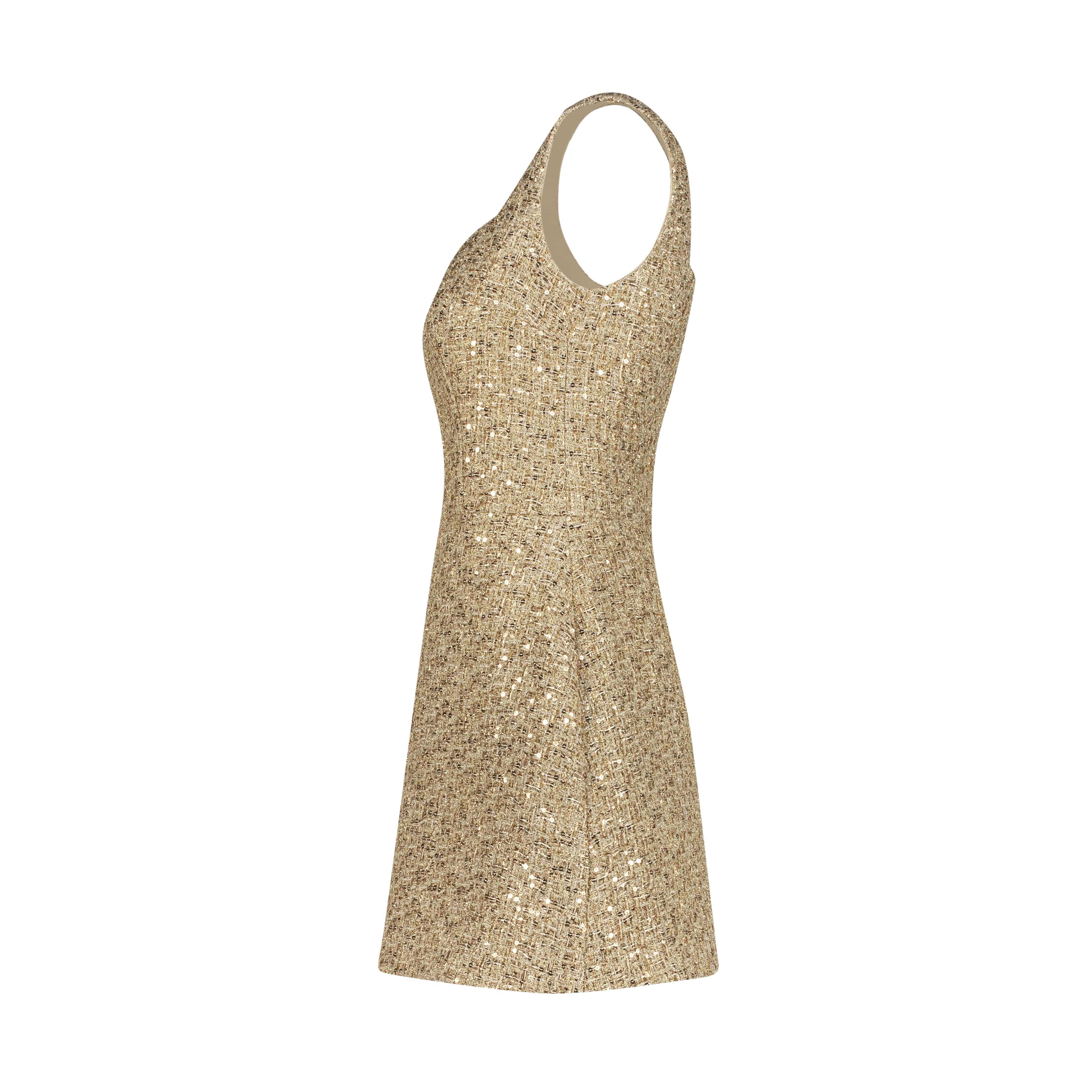 Gold dress AC2025P0029- Mini length dress in tweed. Zipper at the back in the center- ADAMARIS - the international brand 