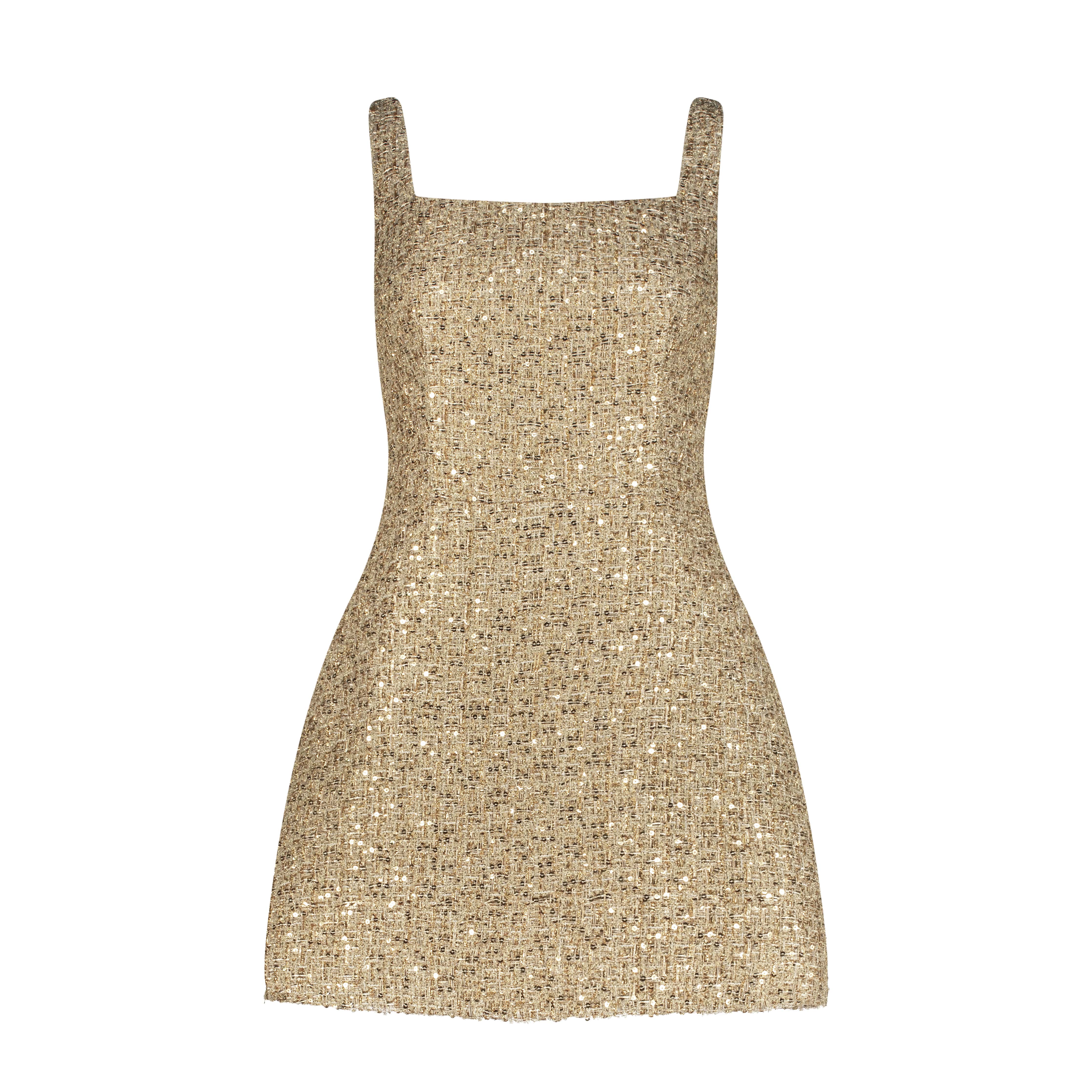 Gold dress AC2025P0029- Mini length dress in tweed. Zipper at the back in the center- ADAMARIS - the international brand 