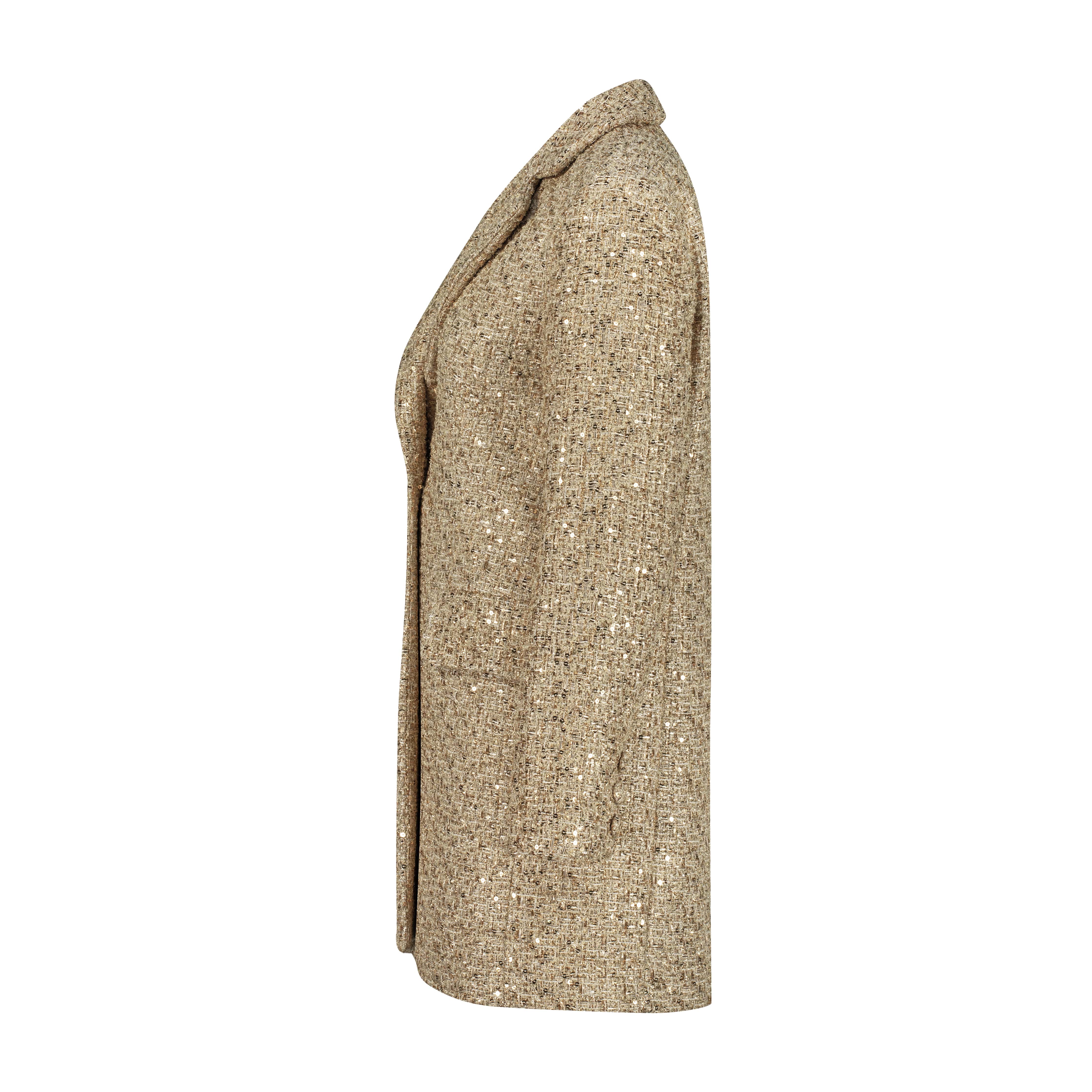 Gold jacket AC2025P0028- Gold, long tweed jacket with decorative pockets. Center front button- ADAMARIS - the international brand 