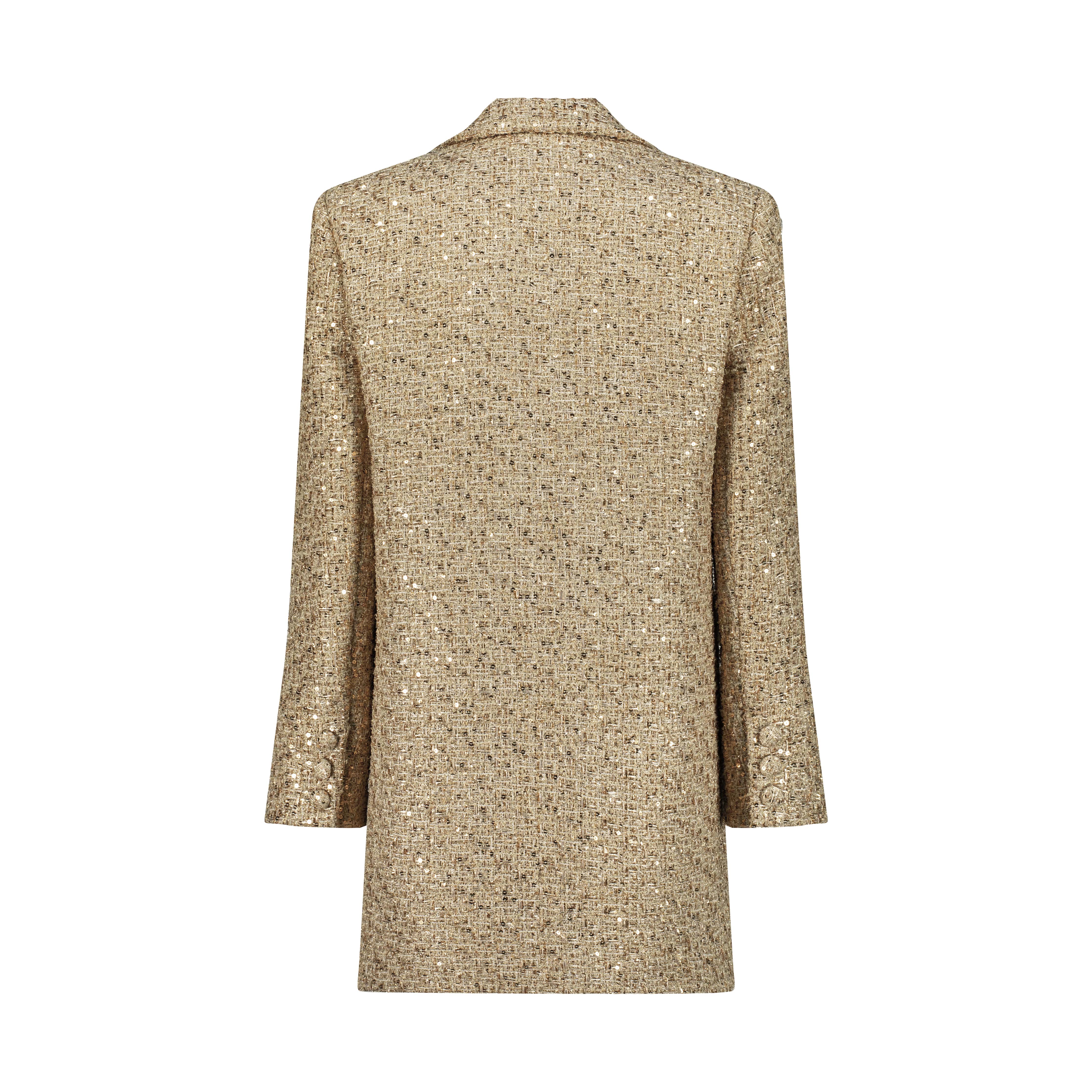 Gold jacket AC2025P0028- Gold, long tweed jacket with decorative pockets. Center front button- ADAMARIS - the international brand 