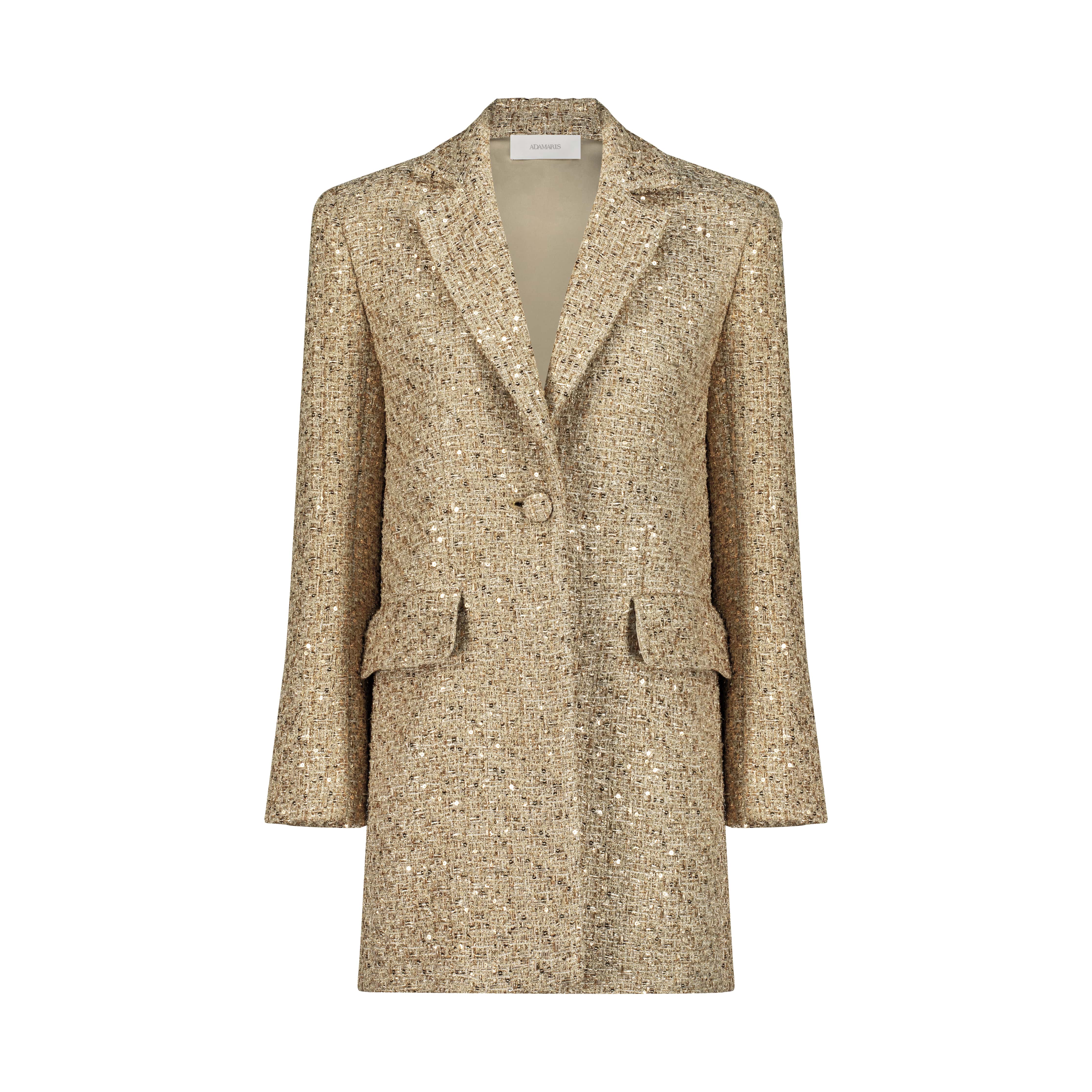 Gold jacket AC2025P0028- Gold, long tweed jacket with decorative pockets. Center front button- ADAMARIS - the international brand 
