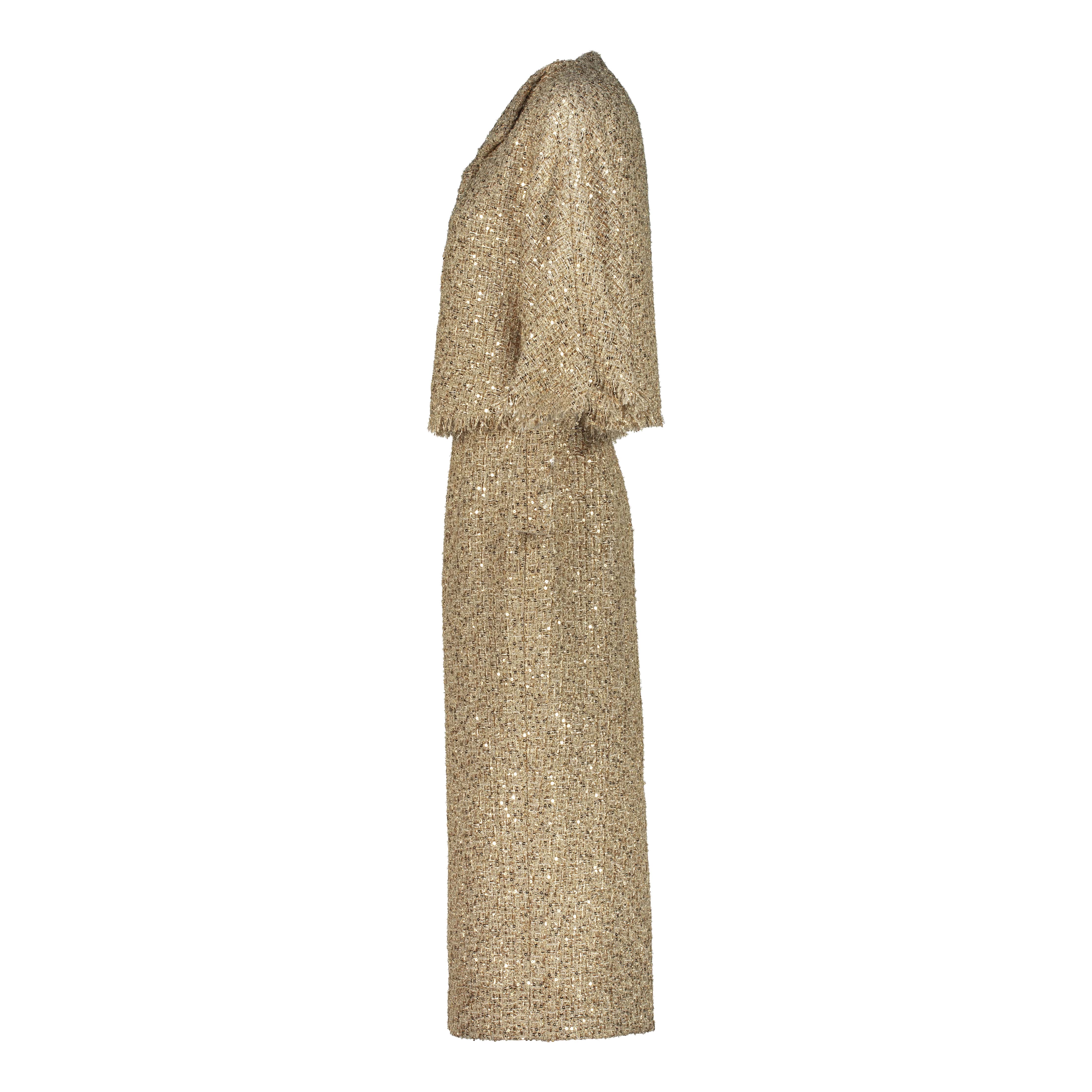 Gold suit AC2025P0026- Tweed suit with midi length skirt and cape. Zipper at the back center- ADAMARIS - the international brand 