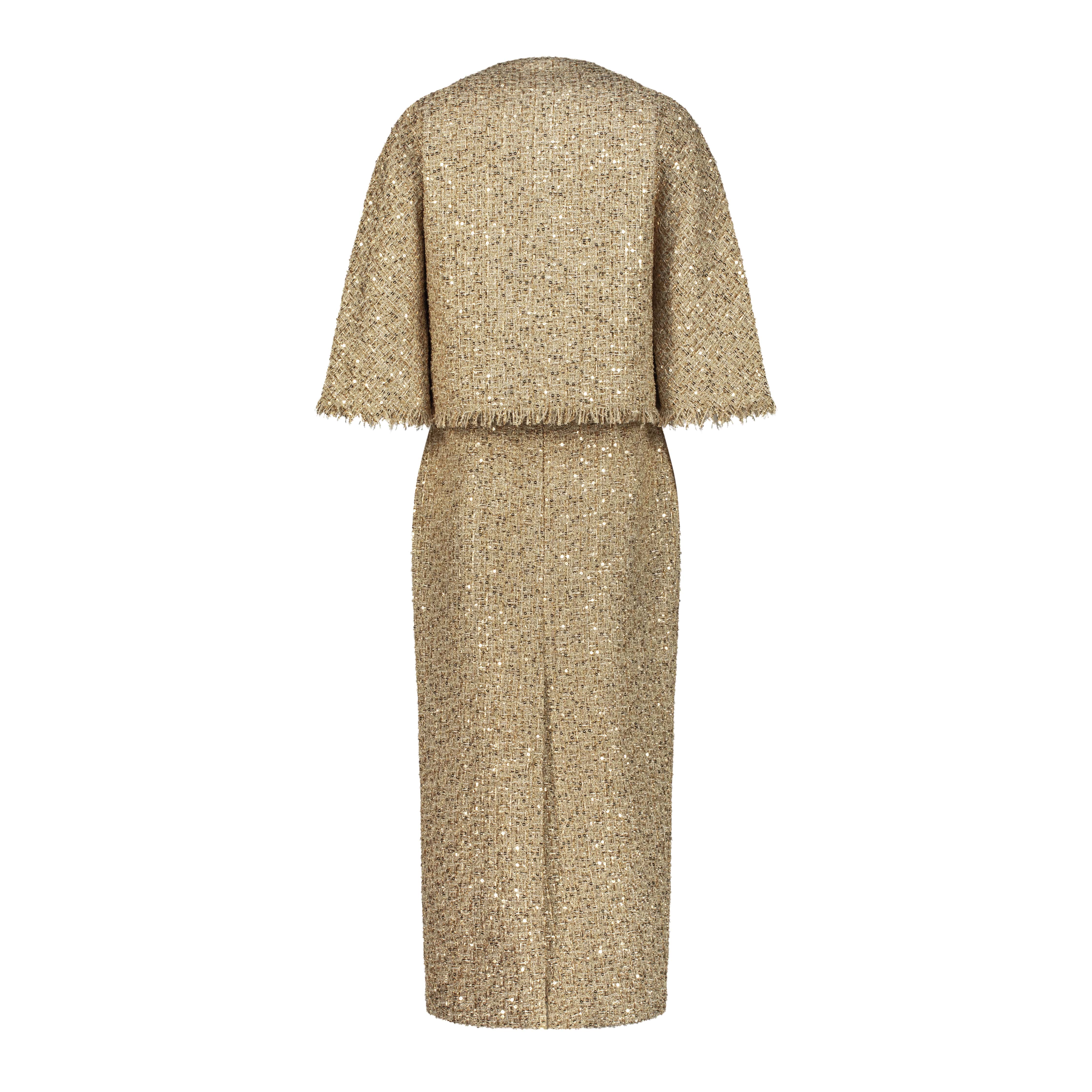 Gold suit AC2025P0026- Tweed suit with midi length skirt and cape. Zipper at the back center- ADAMARIS - the international brand 