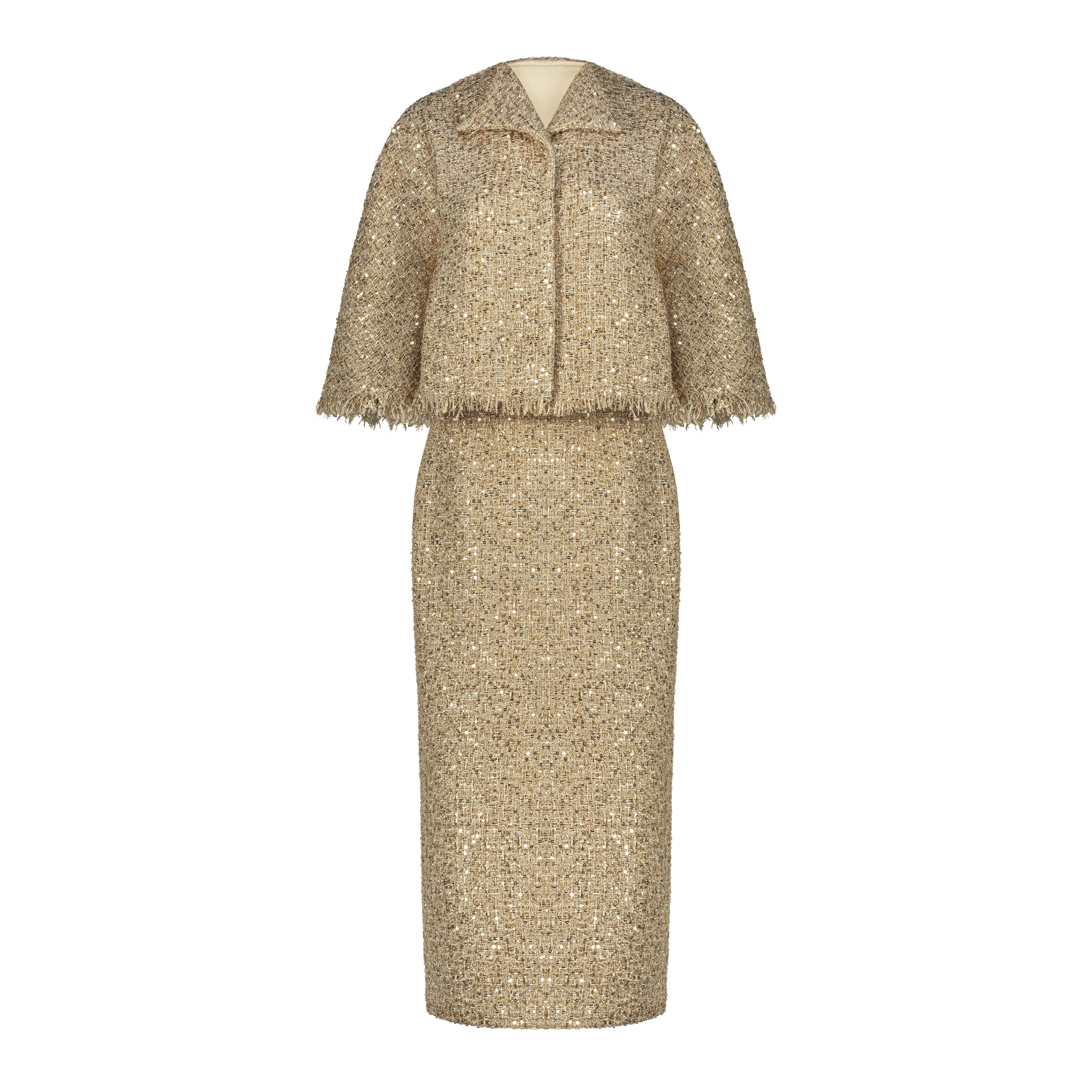 Gold suit AC2025P0026- Tweed suit with midi length skirt and cape. Zipper at the back center- ADAMARIS - the international brand 