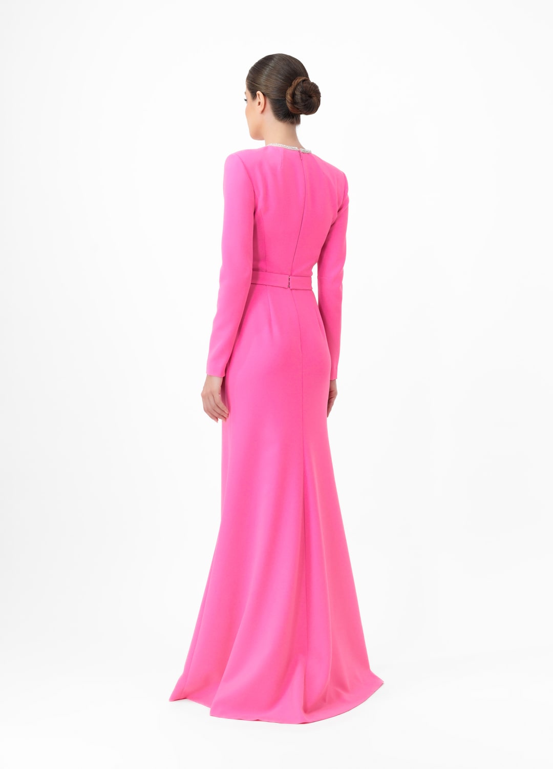 Pink dress MA2025P20022 P- Long-sleeve maxi dress with decorative belt, embellished with stone butterflies. Zipper in the center of the back - order online. High quality. Delivery worldwide.