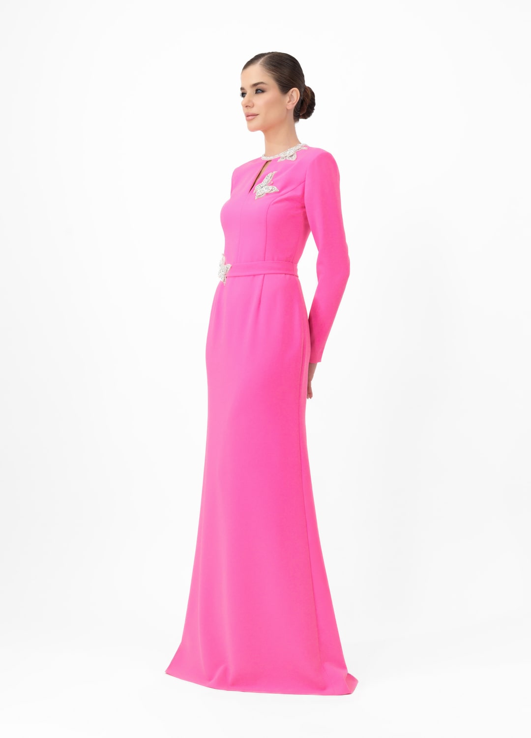 Pink dress MA2025P20022 P- Long-sleeve maxi dress with decorative belt, embellished with stone butterflies. Zipper in the center of the back - order online. High quality. Delivery worldwide.