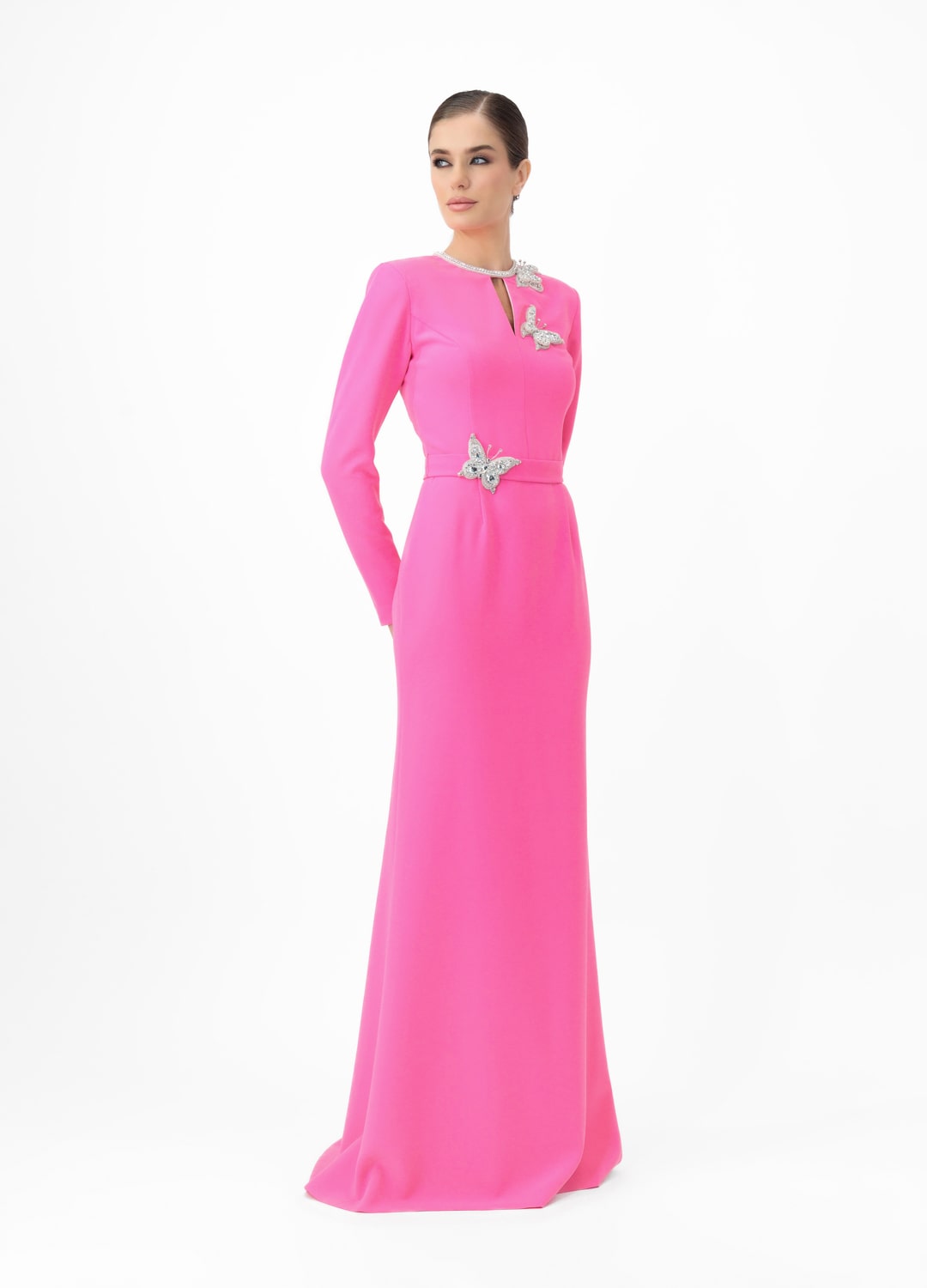 Pink dress MA2025P20022 P- Long-sleeve maxi dress with decorative belt, embellished with stone butterflies. Zipper in the center of the back - order online. High quality. Delivery worldwide.