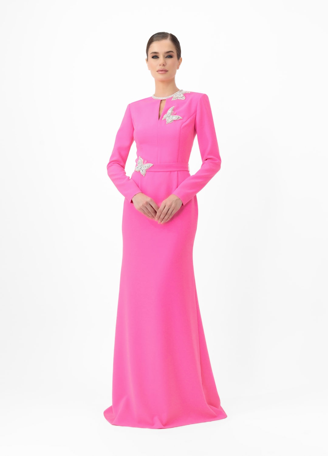 Pink dress MA2025P20022 P- Long-sleeve maxi dress with decorative belt, embellished with stone butterflies. Zipper in the center of the back - order online. High quality. Delivery worldwide.