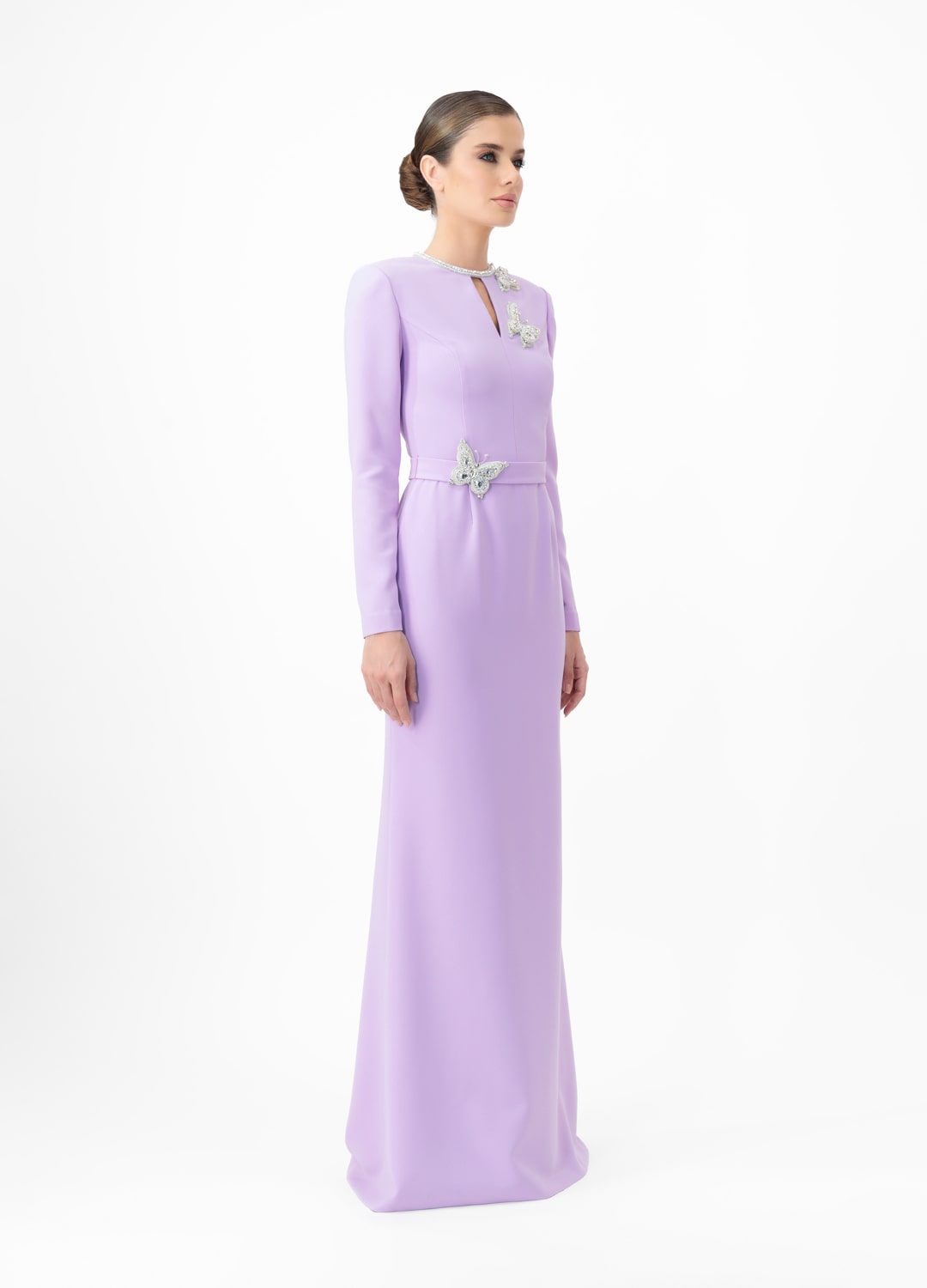 Purple dress MA2025P20022 PR- Long-sleeve maxi dress with decorative belt, embellished with stone butterflies. Zipper in the center of the back - order online. High quality. Delivery worldwide.