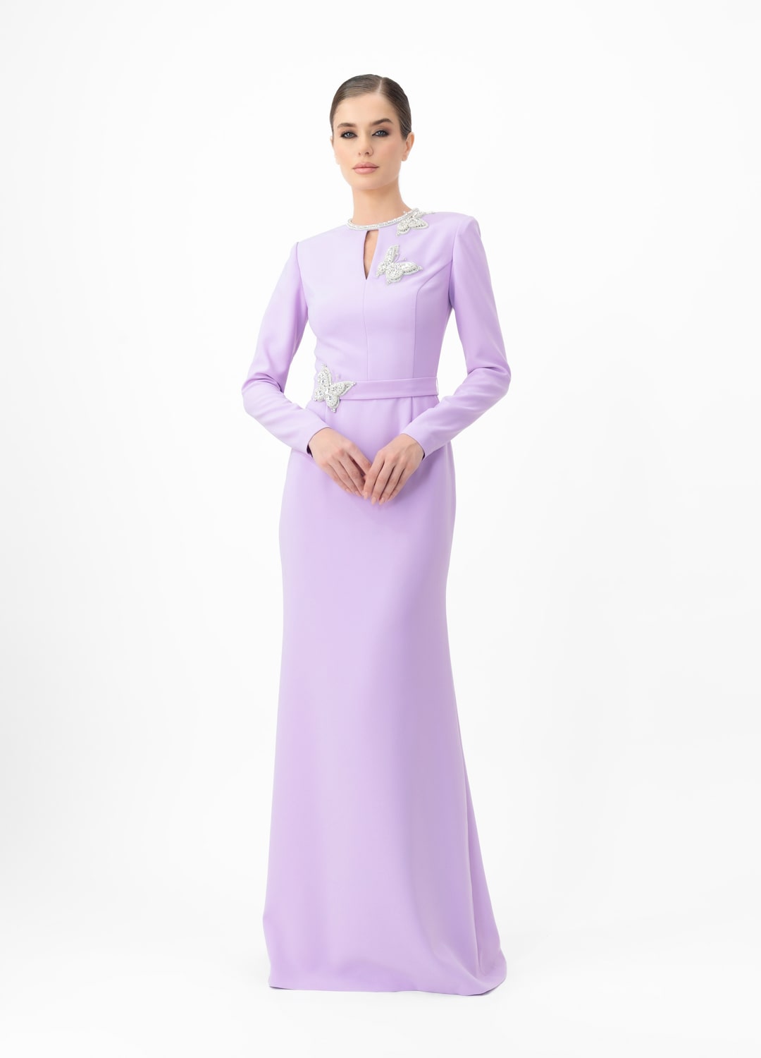 Purple dress MA2025P20022 PR- Long-sleeve maxi dress with decorative belt, embellished with stone butterflies. Zipper in the center of the back - order online. High quality. Delivery worldwide.