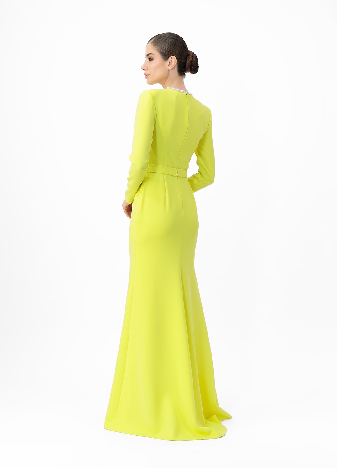 Yellow dress MA2025P20022 Y- Long-sleeve maxi dress with decorative belt, embellished with stone butterflies. Zipper in the center of the back - order online. High quality. Delivery worldwide.