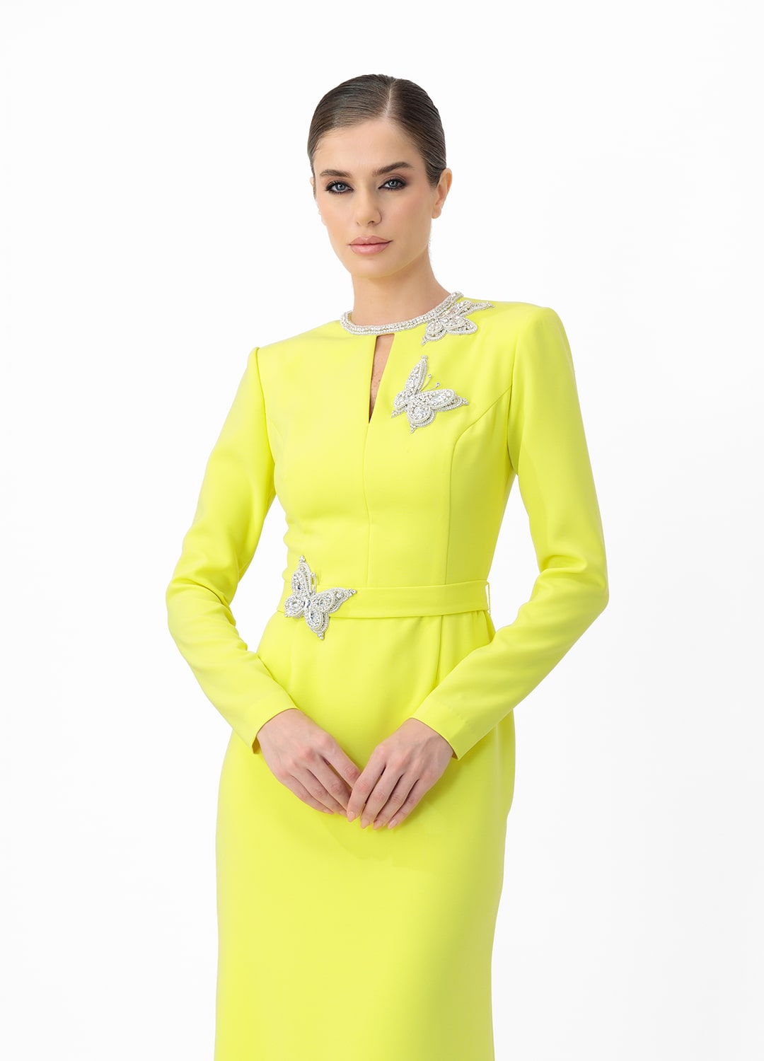Yellow dress MA2025P20022 Y- Long-sleeve maxi dress with decorative belt, embellished with stone butterflies. Zipper in the center of the back - order online. High quality. Delivery worldwide.